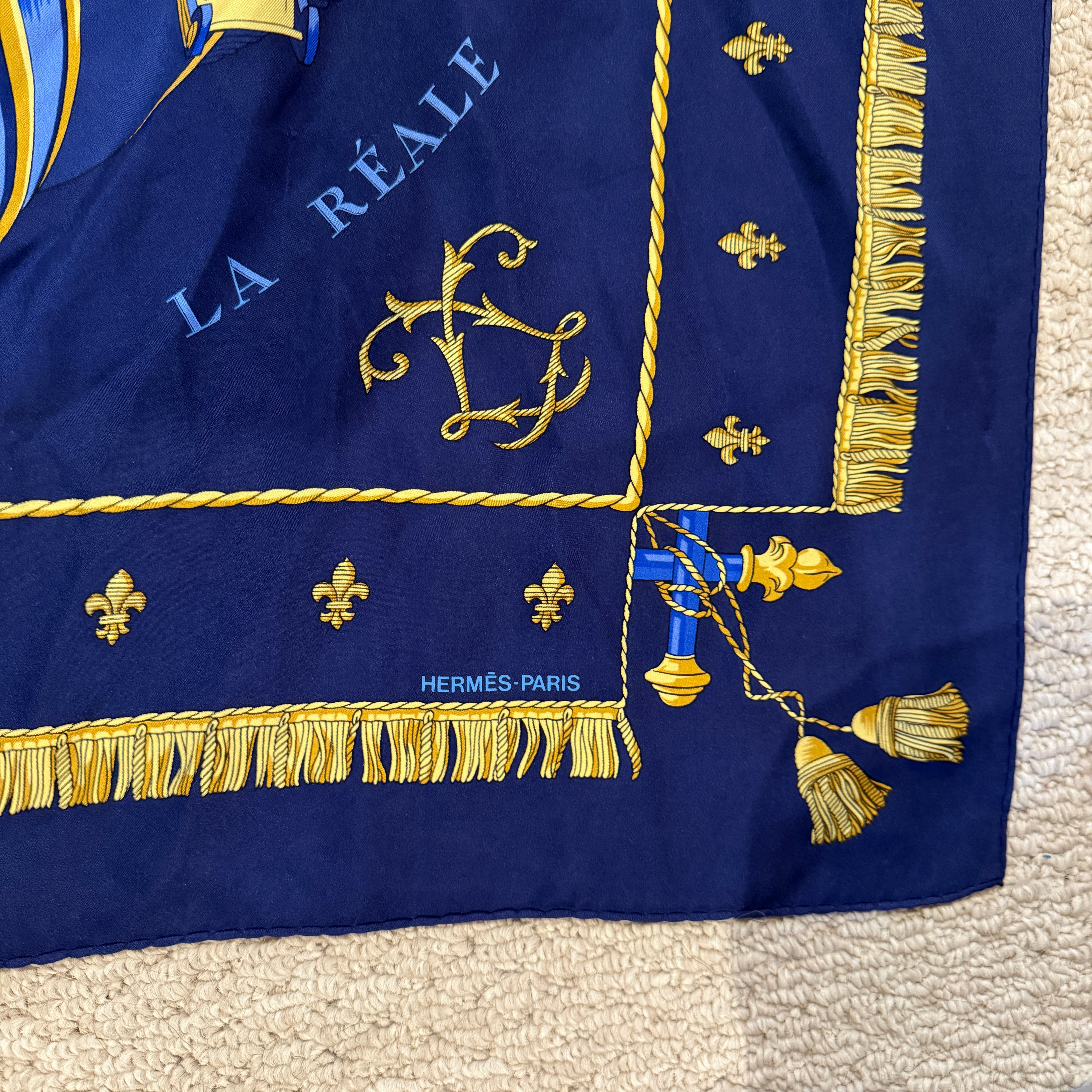 Hermes La Reale La Galere Silk Chiffon Print Pattern Square Scarf Shawl Blue Red