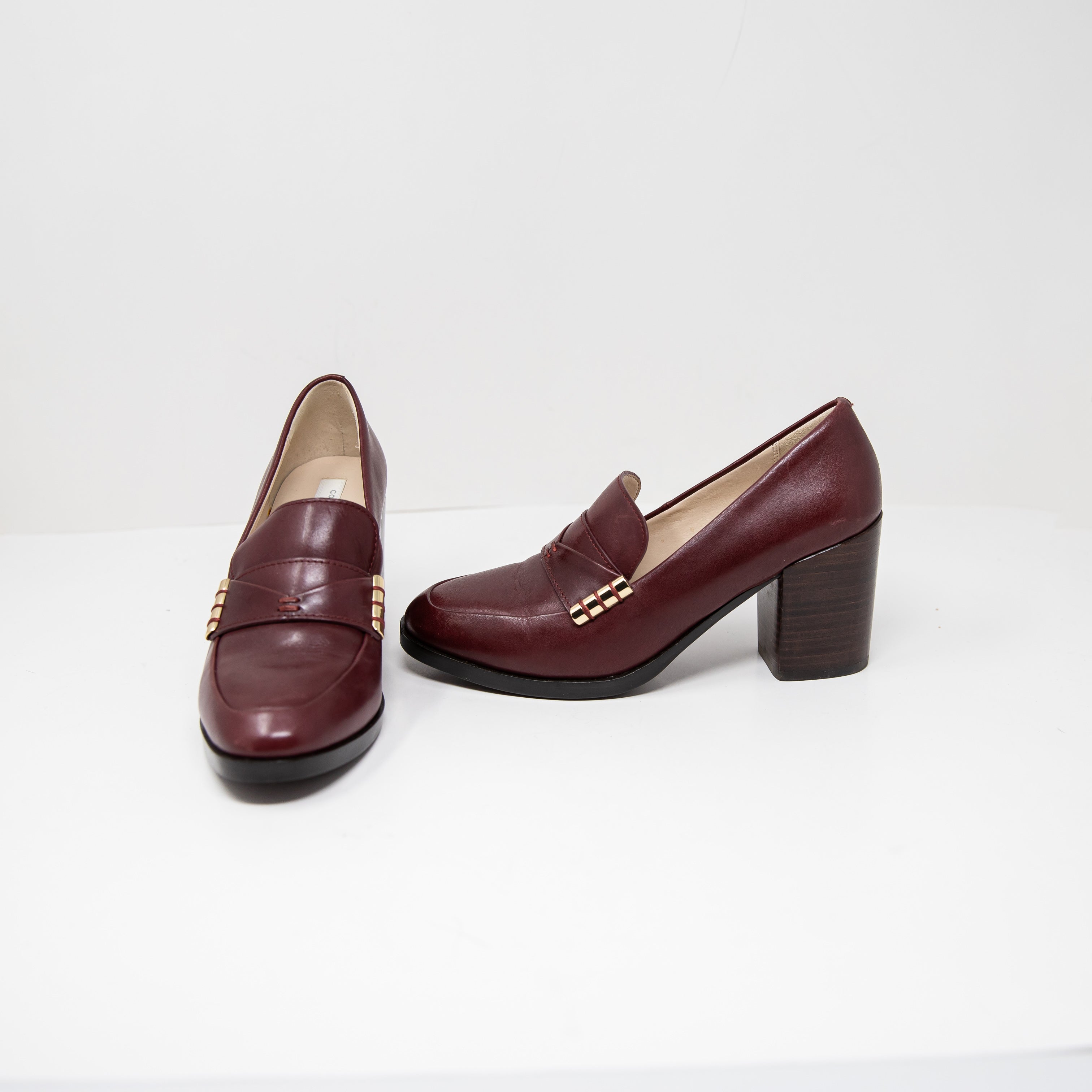 NEW Cole Haan Mazie Genuine Leather Slip On Loafer Heels Tawny Port Brown Shoes