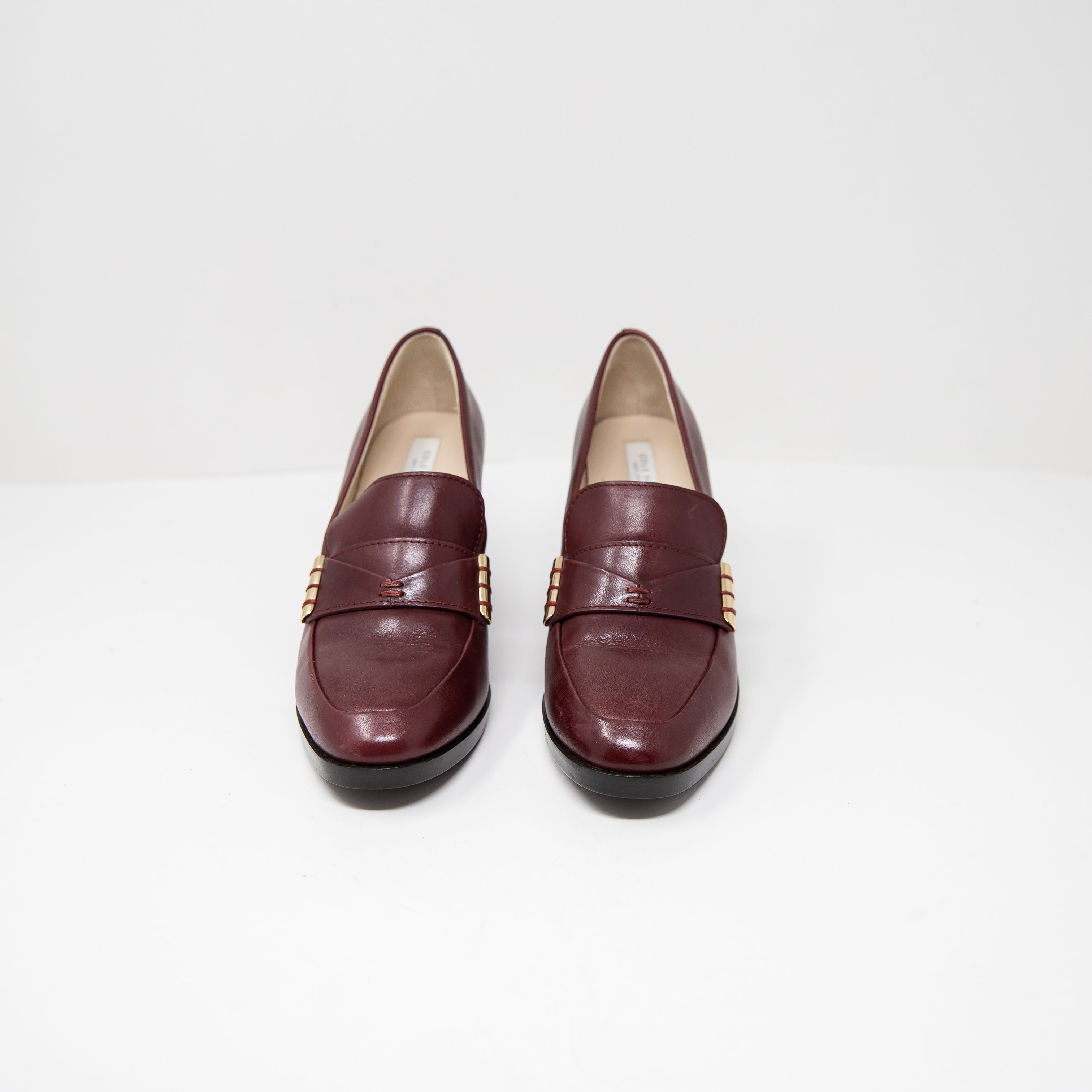 NEW Cole Haan Mazie Genuine Leather Slip On Loafer Heels Tawny Port Brown Shoes