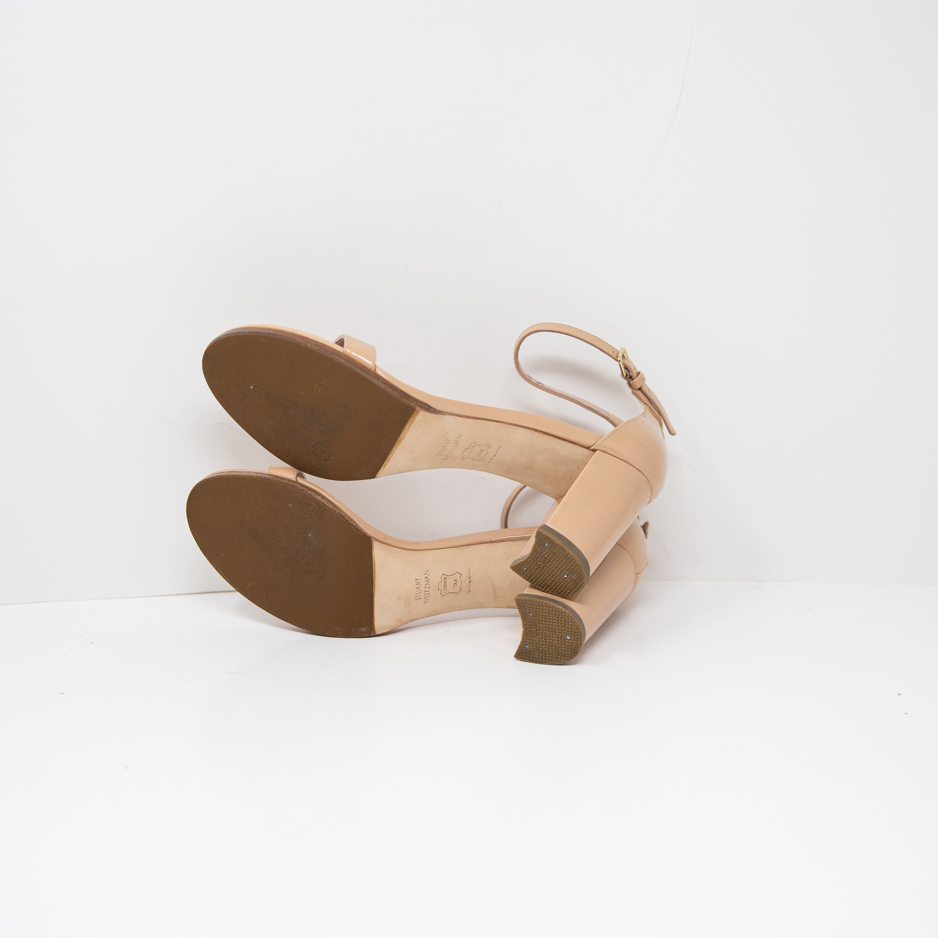 Stuart Weitzman Nearlynude Ankle Strap Open Toe Block High Heel Patent Leather