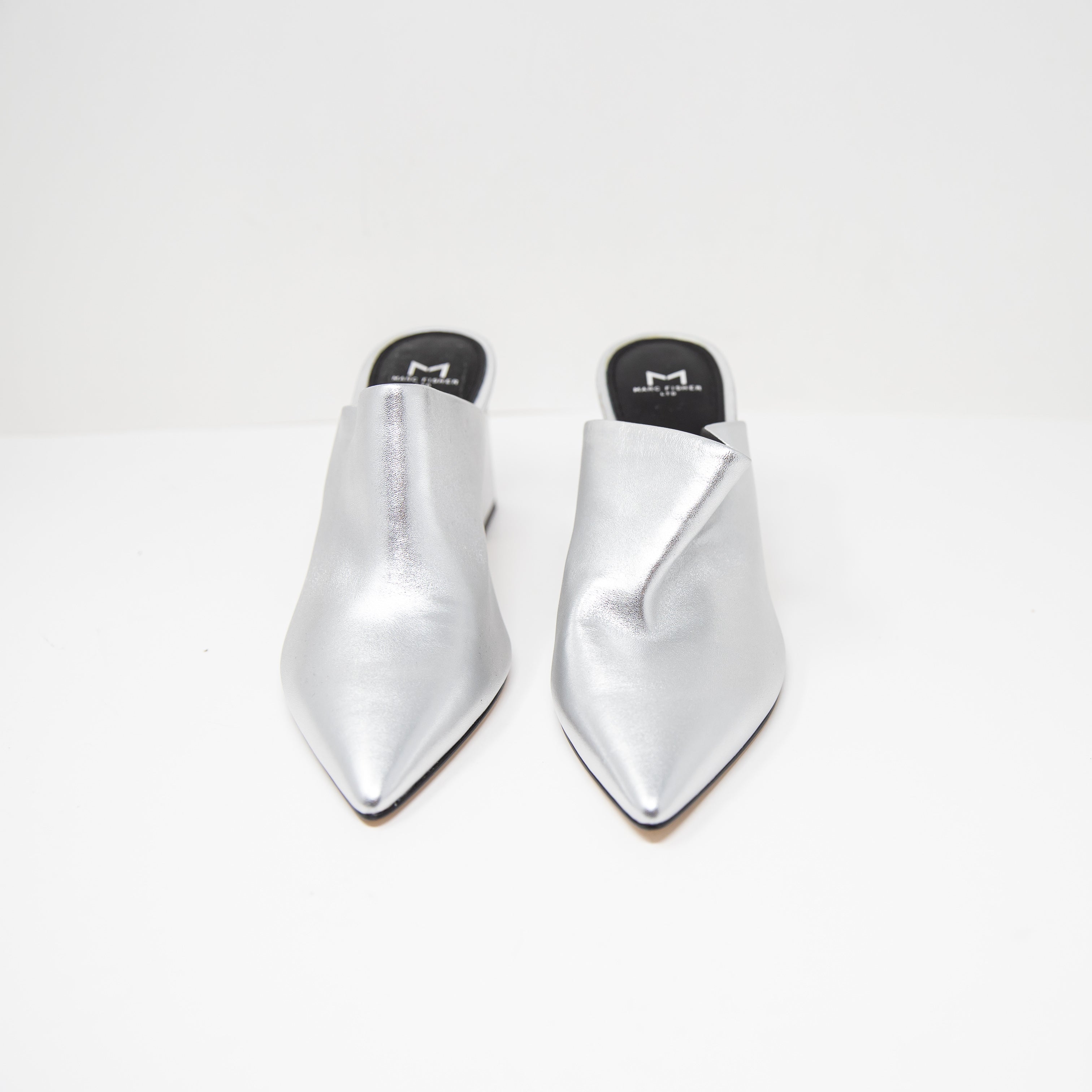 NEW Marc Fisher Zivon Genuine Leather Silver Metallic Pointed Toe Mules Heels