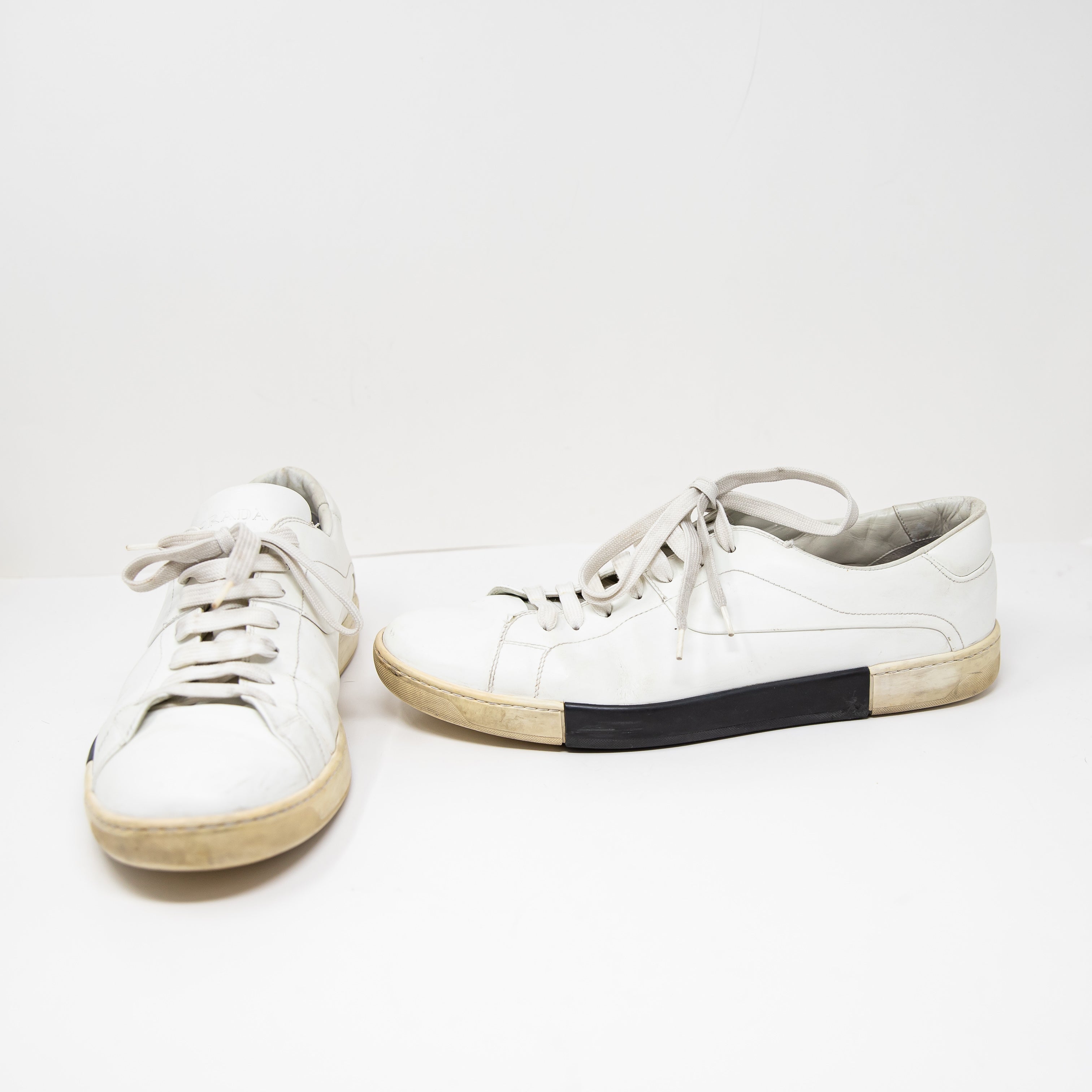 Prada Men's Genuine Leather Lace Up Low Top Trainers Sneakers Shoes White Black