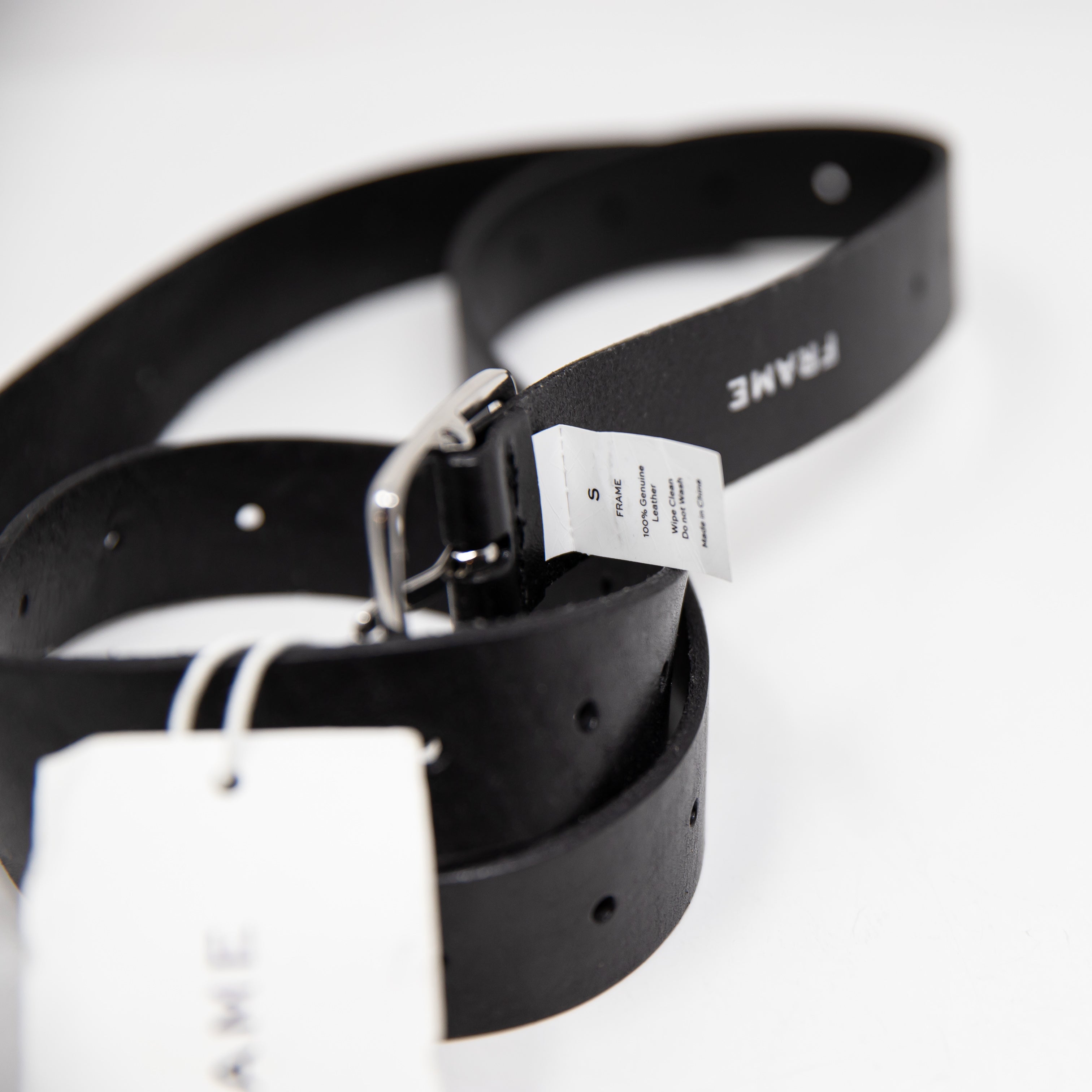 NEW Frame Extreme Extended Tab Genuine Leather Belt Black Silver Small