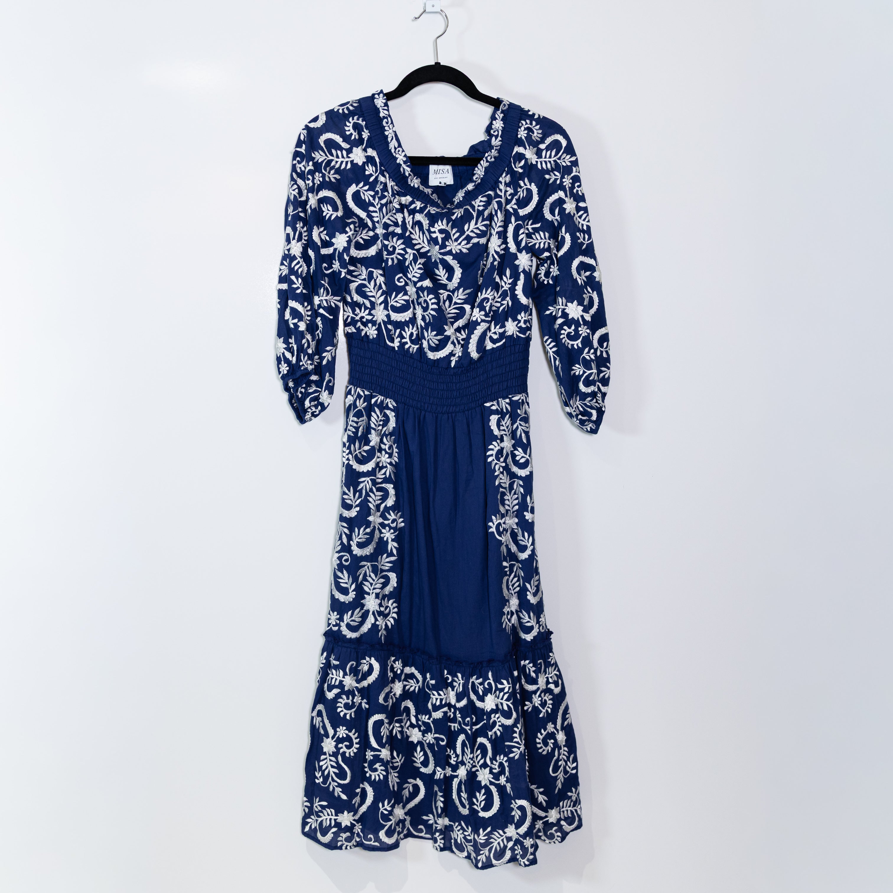 Misa Lilou Embroidered Off The Shoulder Cotton Midi Navy Blue White Dress Medium