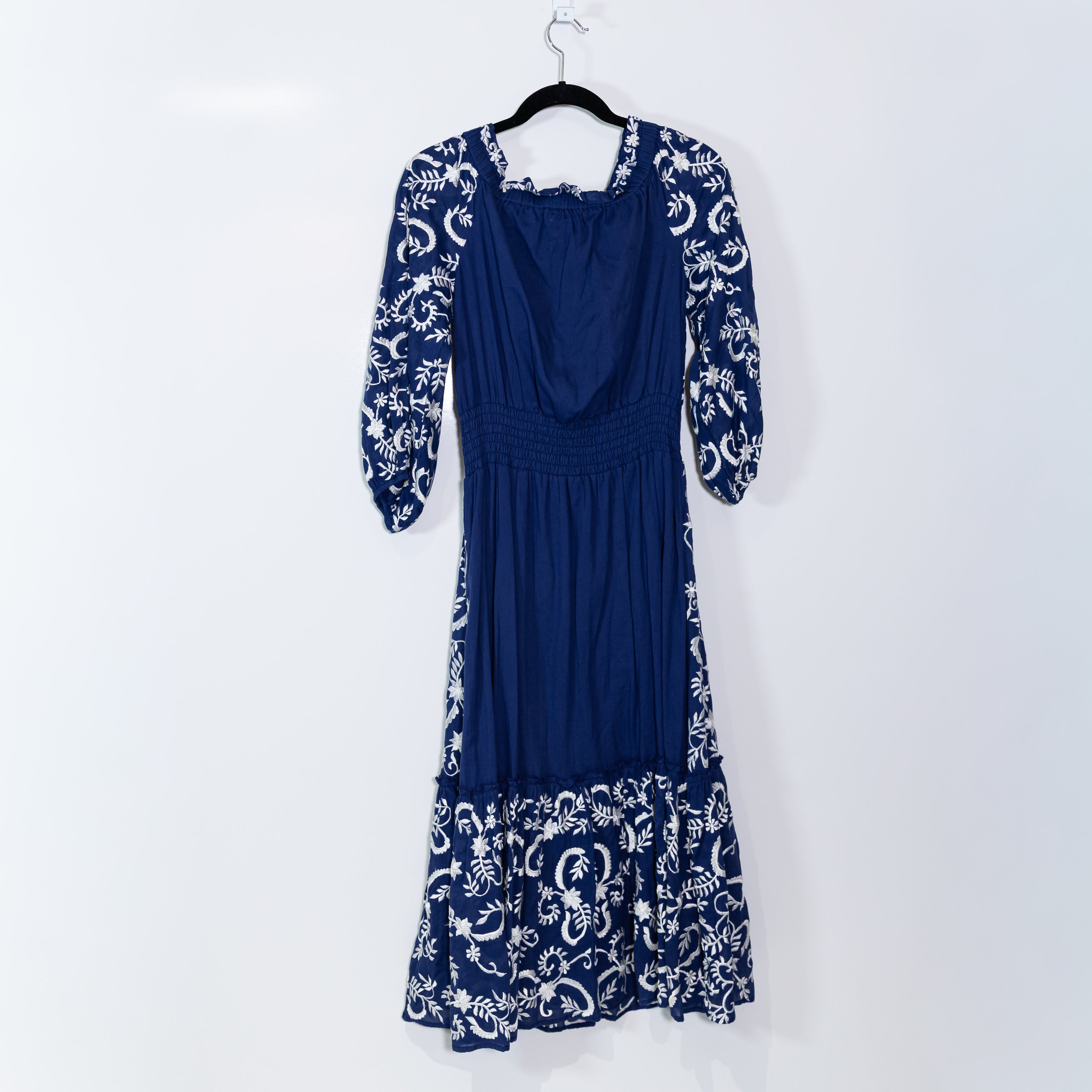 Misa Lilou Embroidered Off The Shoulder Cotton Midi Navy Blue White Dress Medium