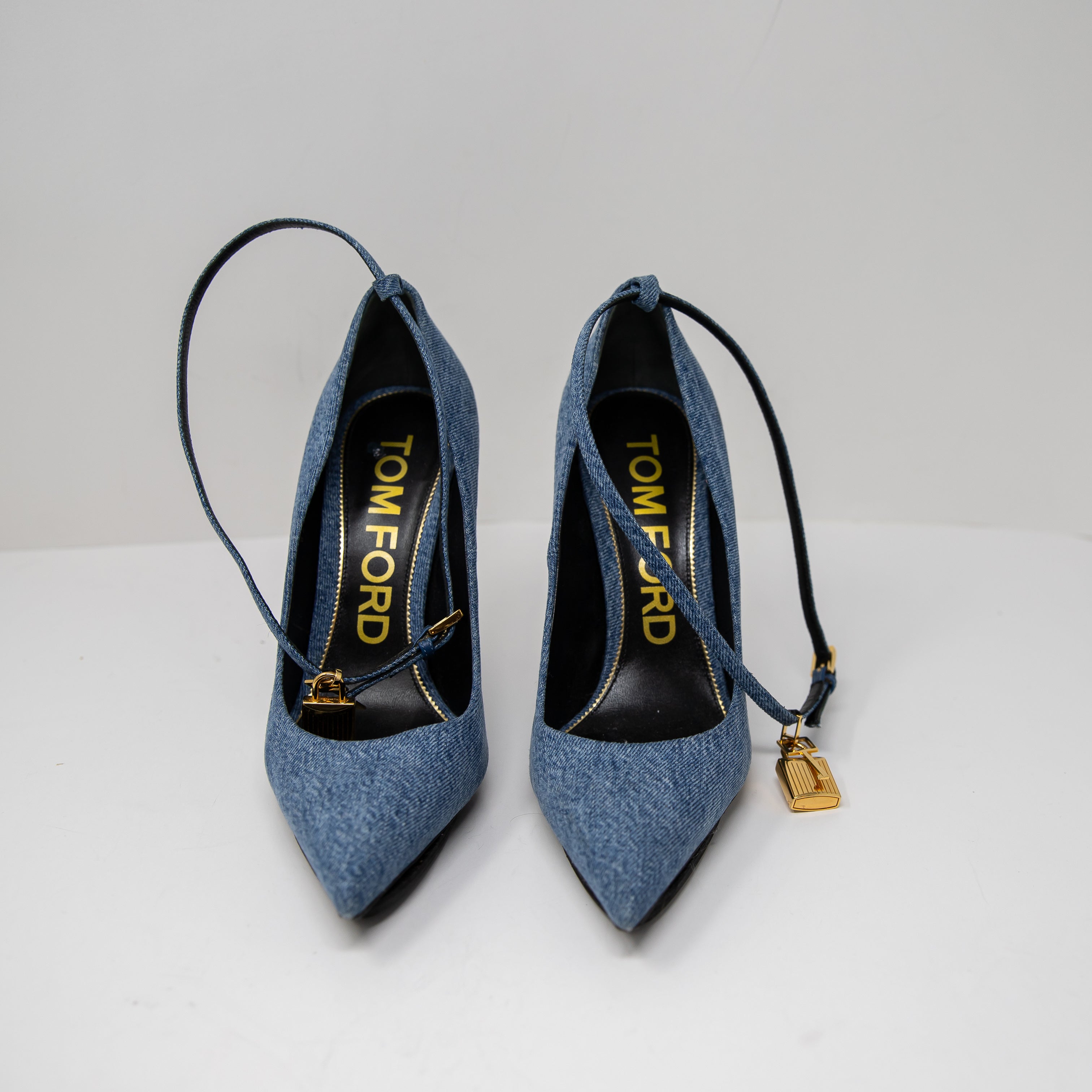 Tom Ford 105mm Denim Jean Padlock Ankle Wrap Stiletto Pumps Heels Shoes Blue 10