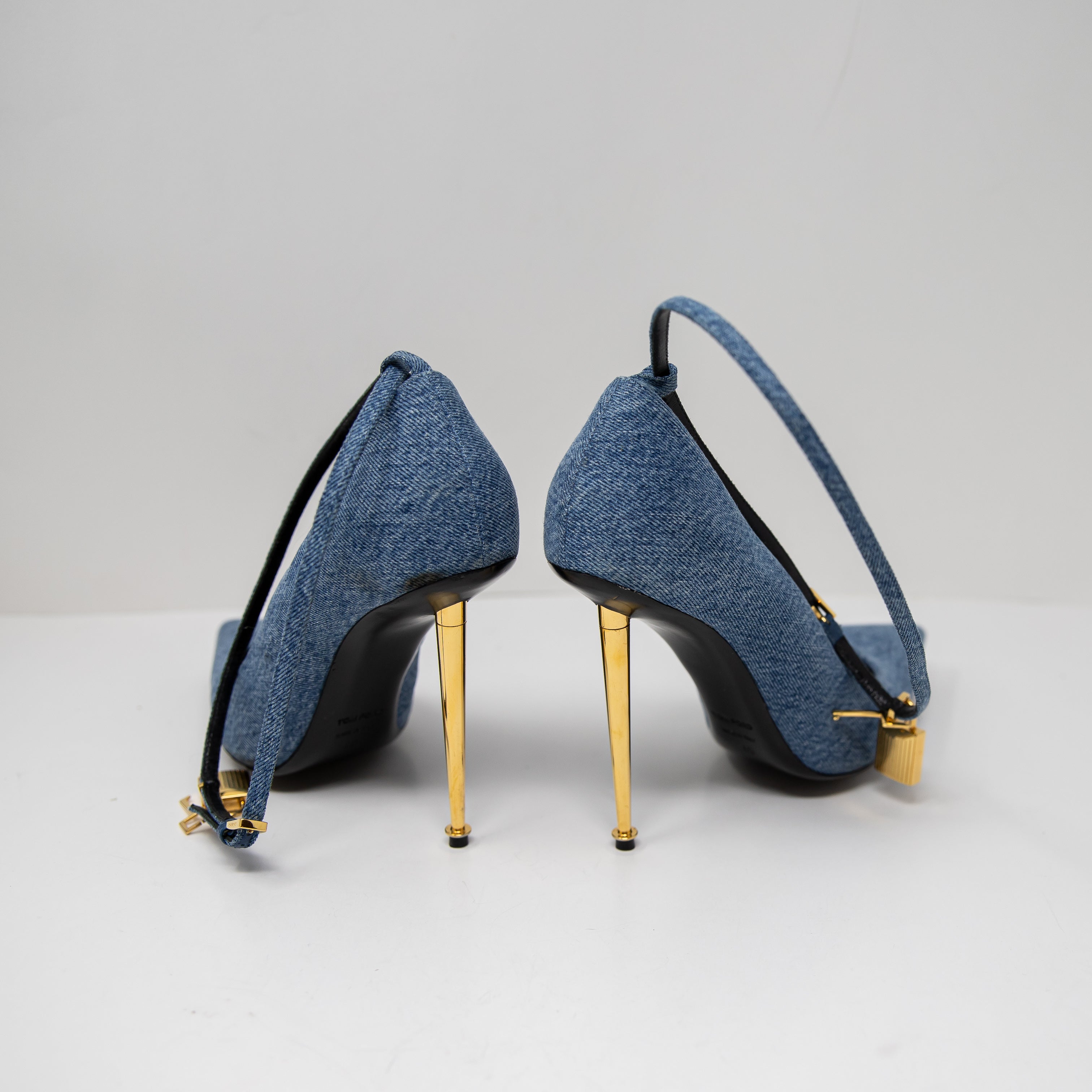 Tom Ford 105mm Denim Jean Padlock Ankle Wrap Stiletto Pumps Heels Shoes Blue 10