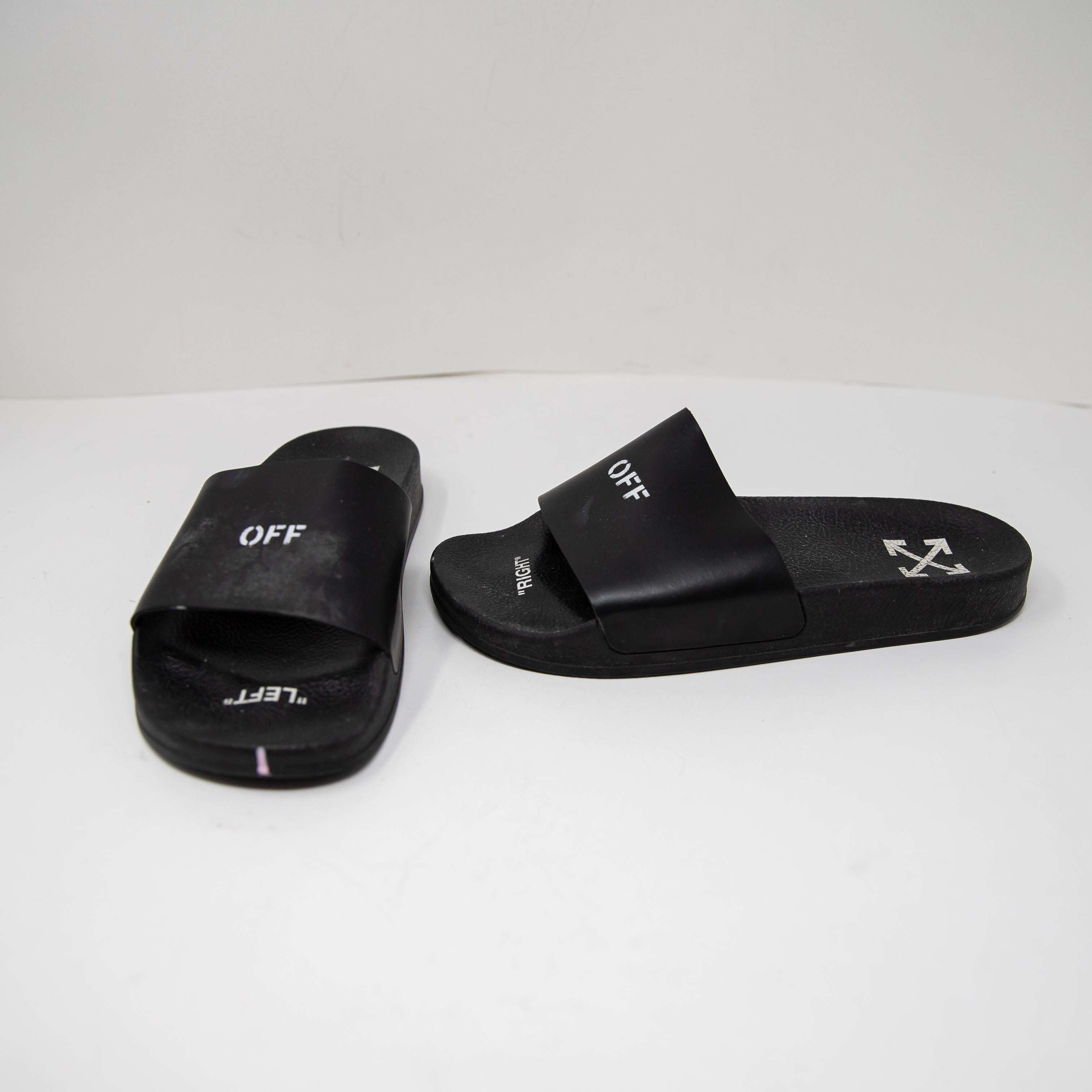 OFF-WHITE Women's Made In Italy Rubber Logo Slip On Flats Sandals Shoes Black 10