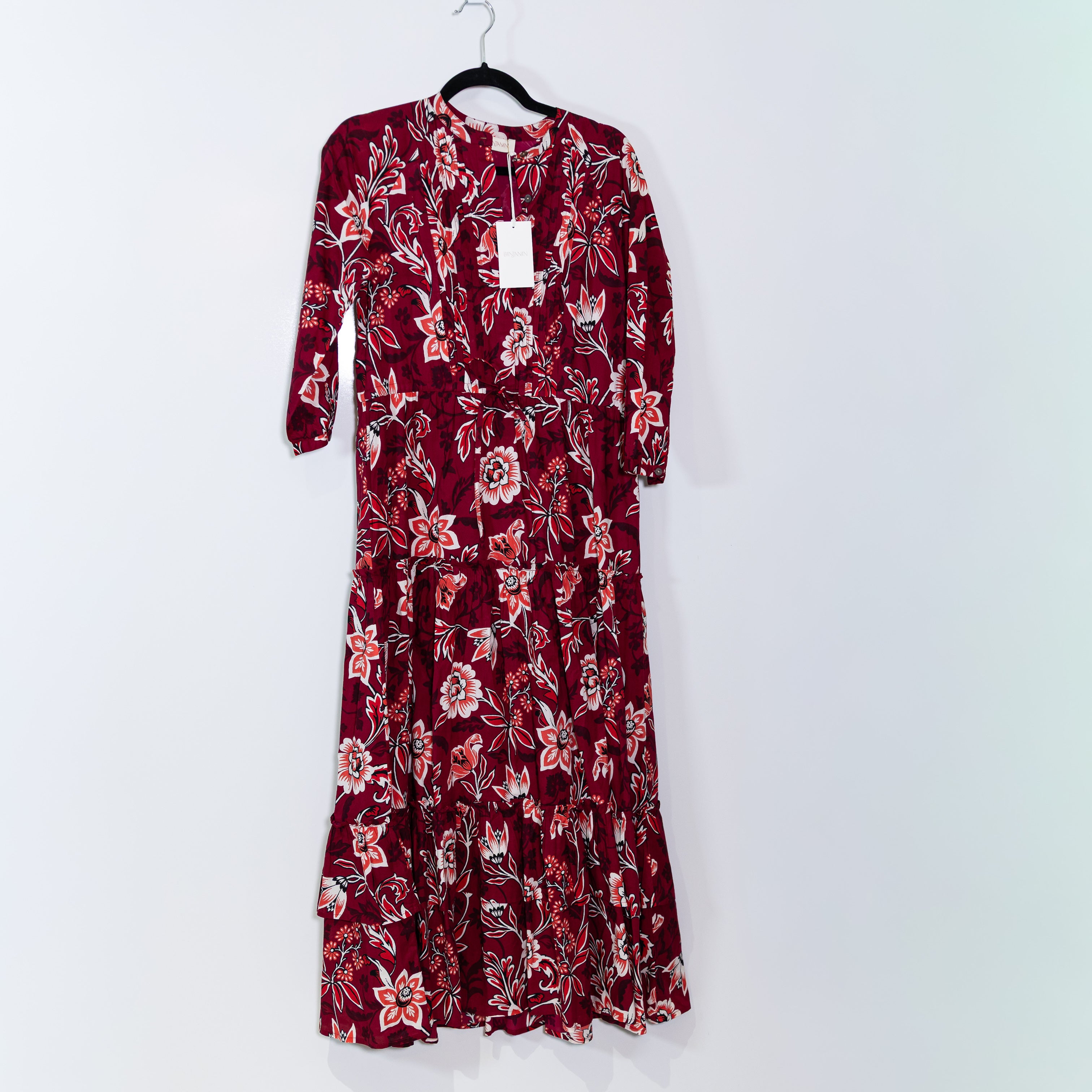 NEW Banjanan Cotton Voile V Neck Tiered Pullover Maxi Dress Elisabetta Vine Rio