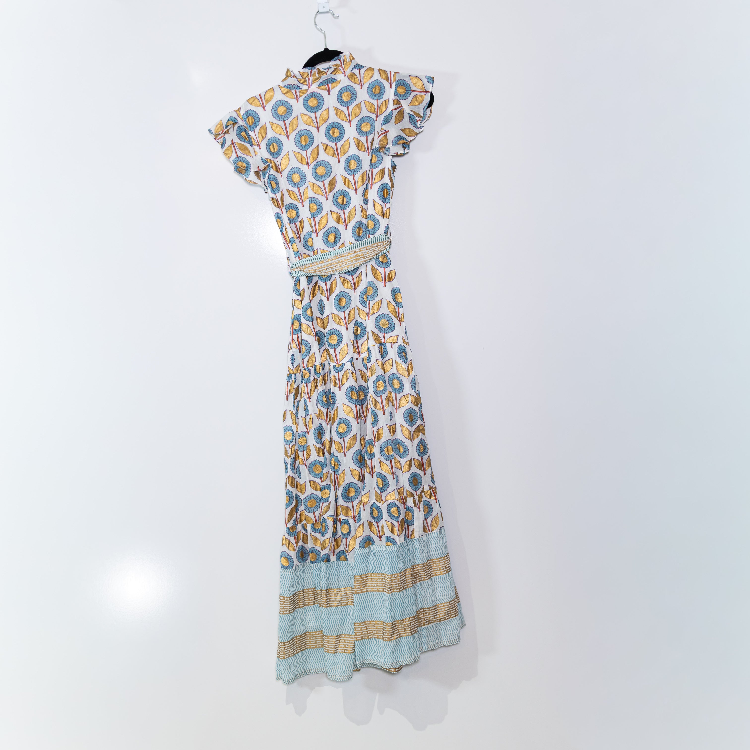 Oliphant Touraine Ruffle Collar Button Front Belted Cotton Voile Maxi Dress XS