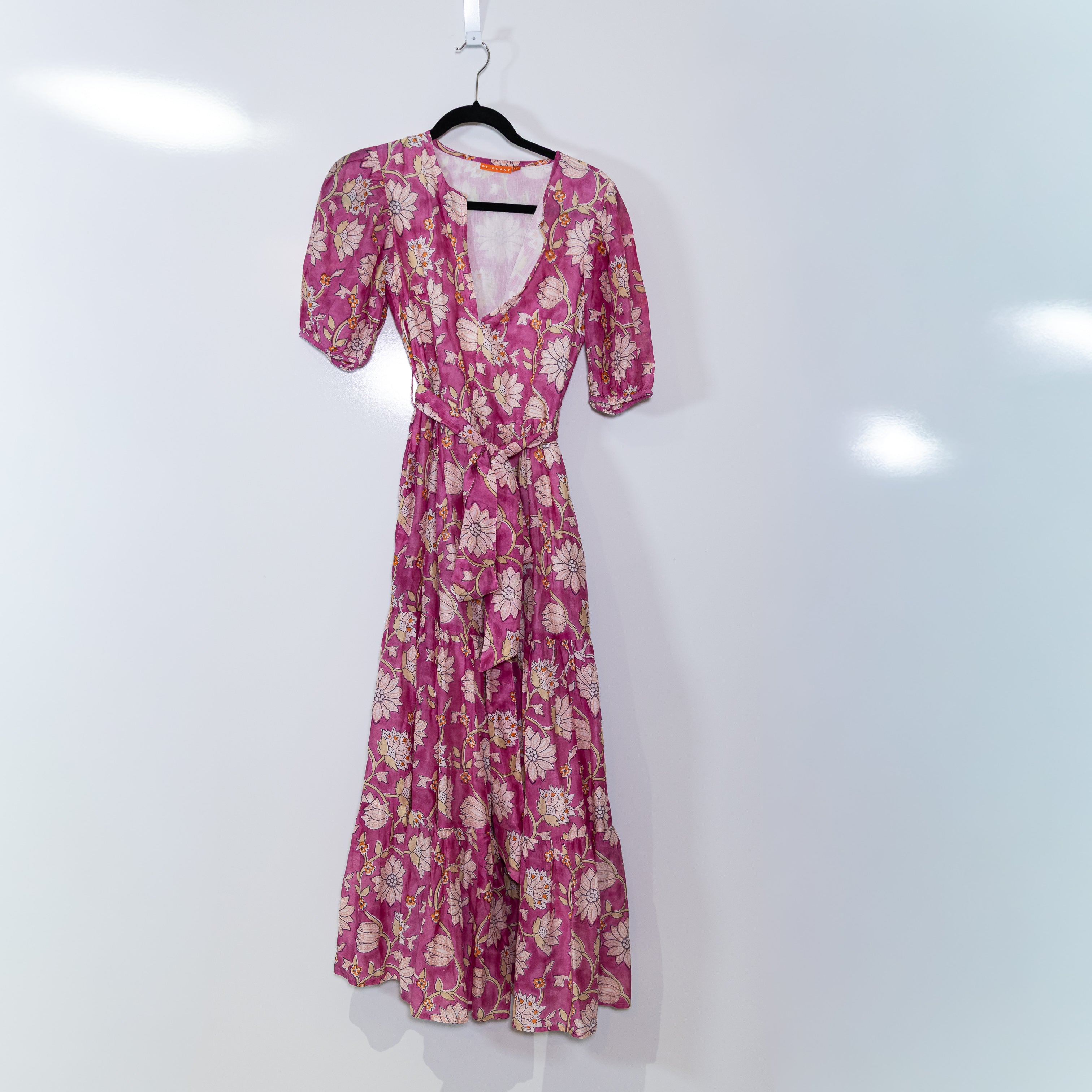 Oliphant Cotton V Neck Lightweight Tiered Belted Floral Print Pattern Maxi Dress
