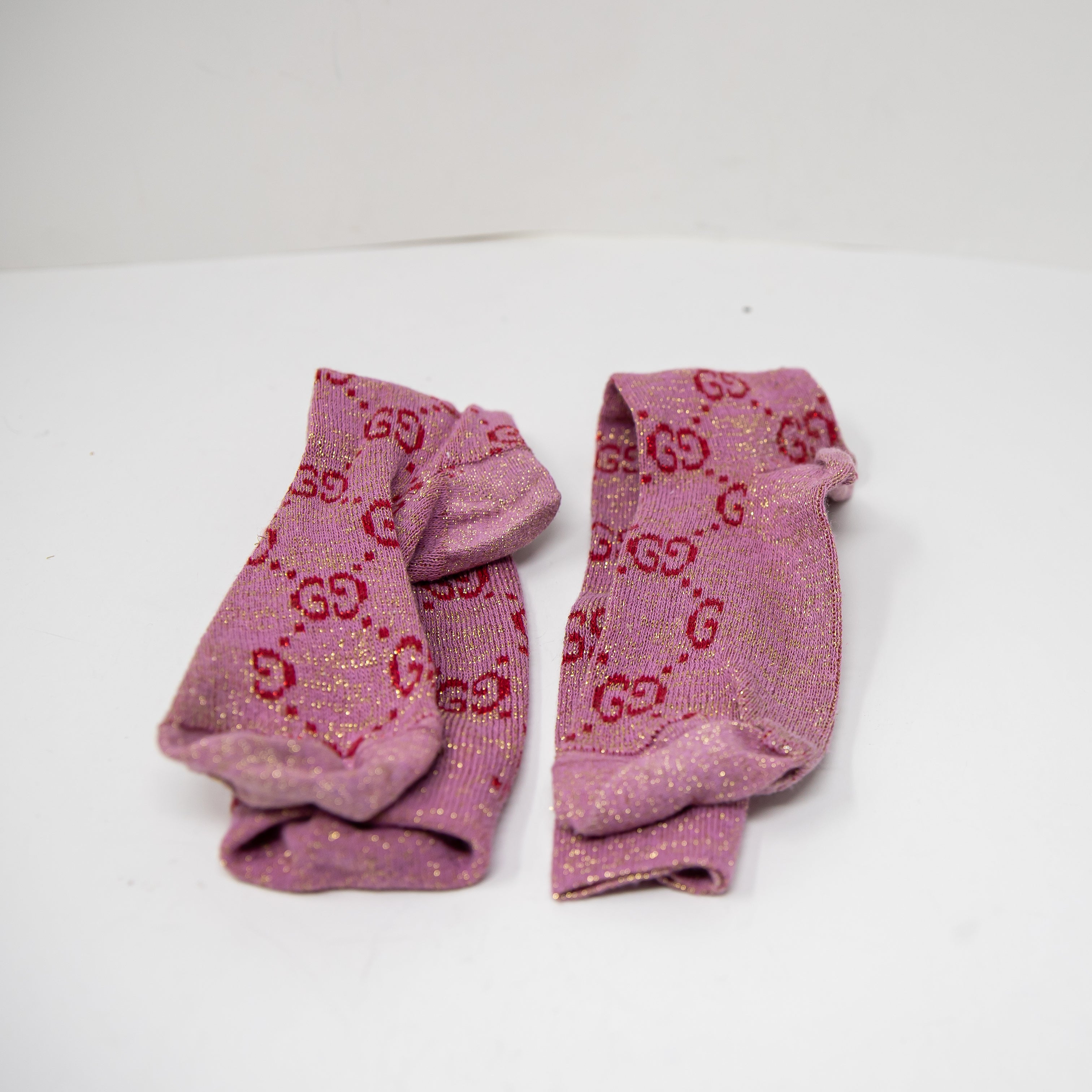 Gucci Interlocking GG Logo Embroidered Knit Stretch Metallic Pink Calf Socks
