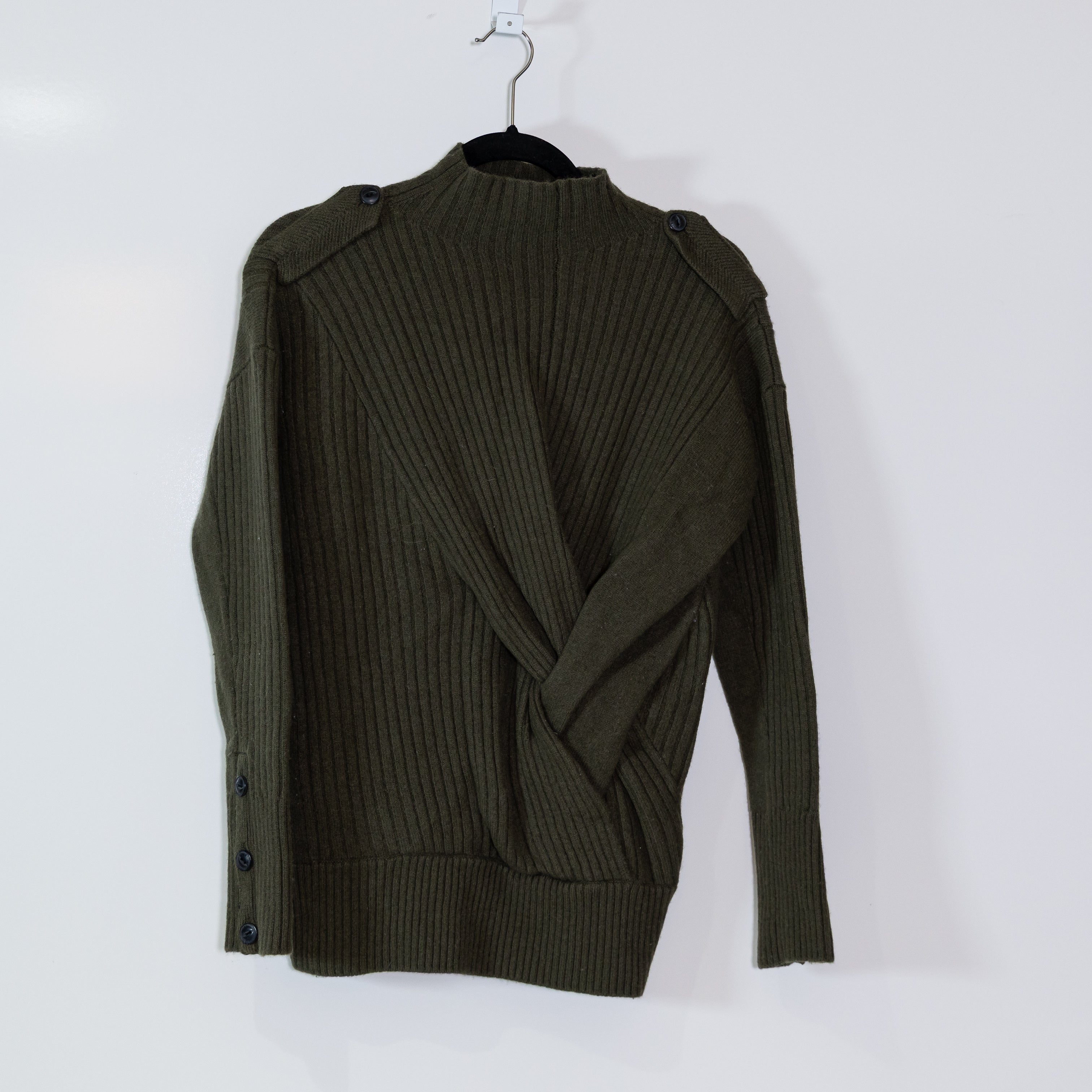 Rag & Bone Dale Merino Wool Knit Stretch Silk Trim Mock Neck Sweater Olive Small