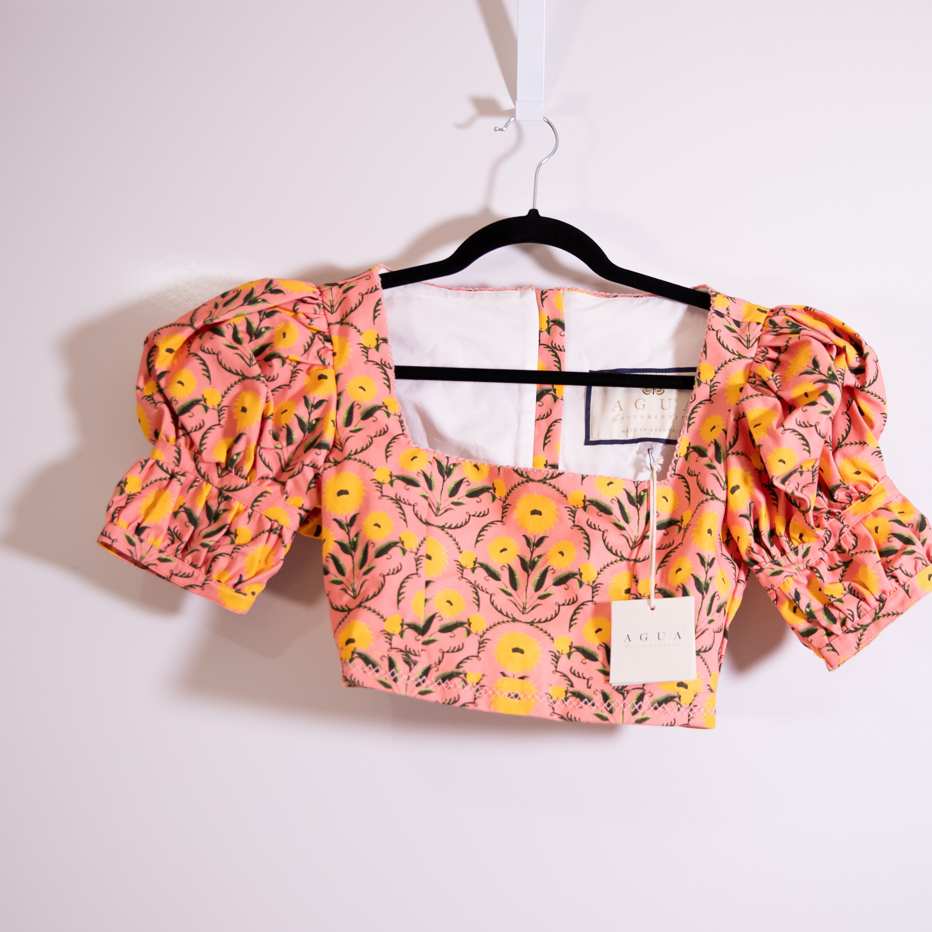 NEW Agua Bendita Bambu Agua Cotton Poplin Puff Sleeve Crop Top Blouse Multicolor