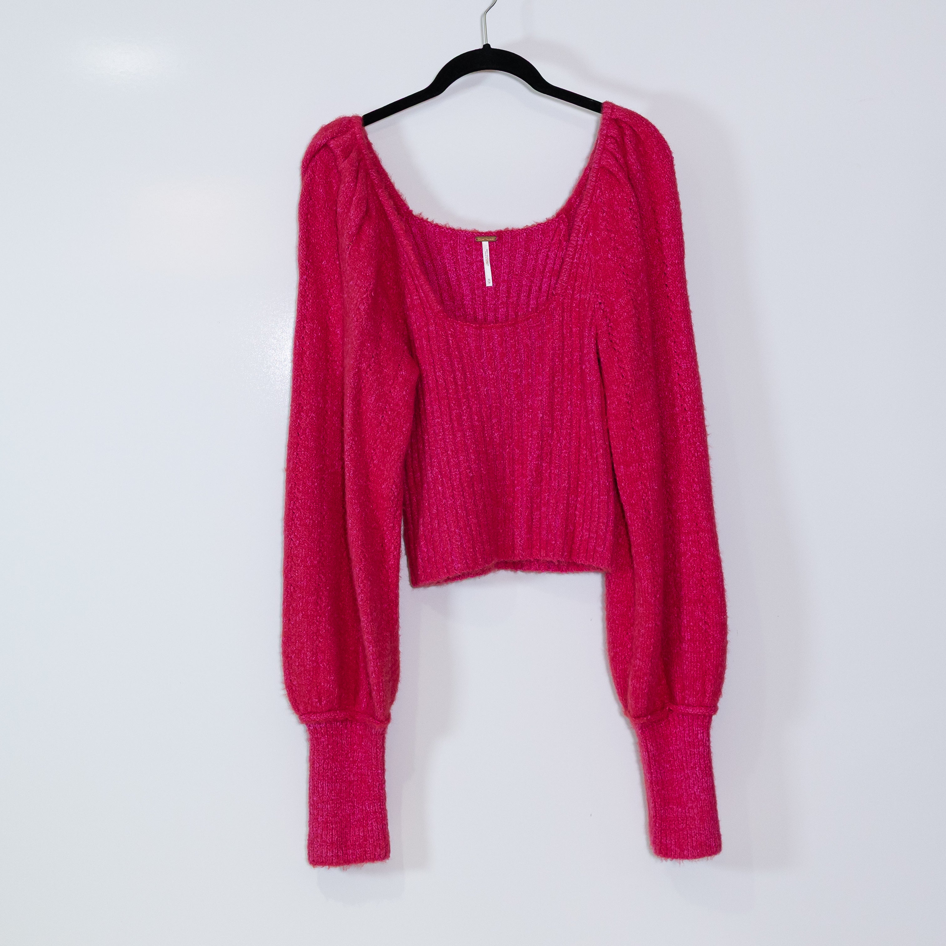 Free People Katie Ribbed Knit Brushed Puff Long Sleeves Pullover Sweater Magenta