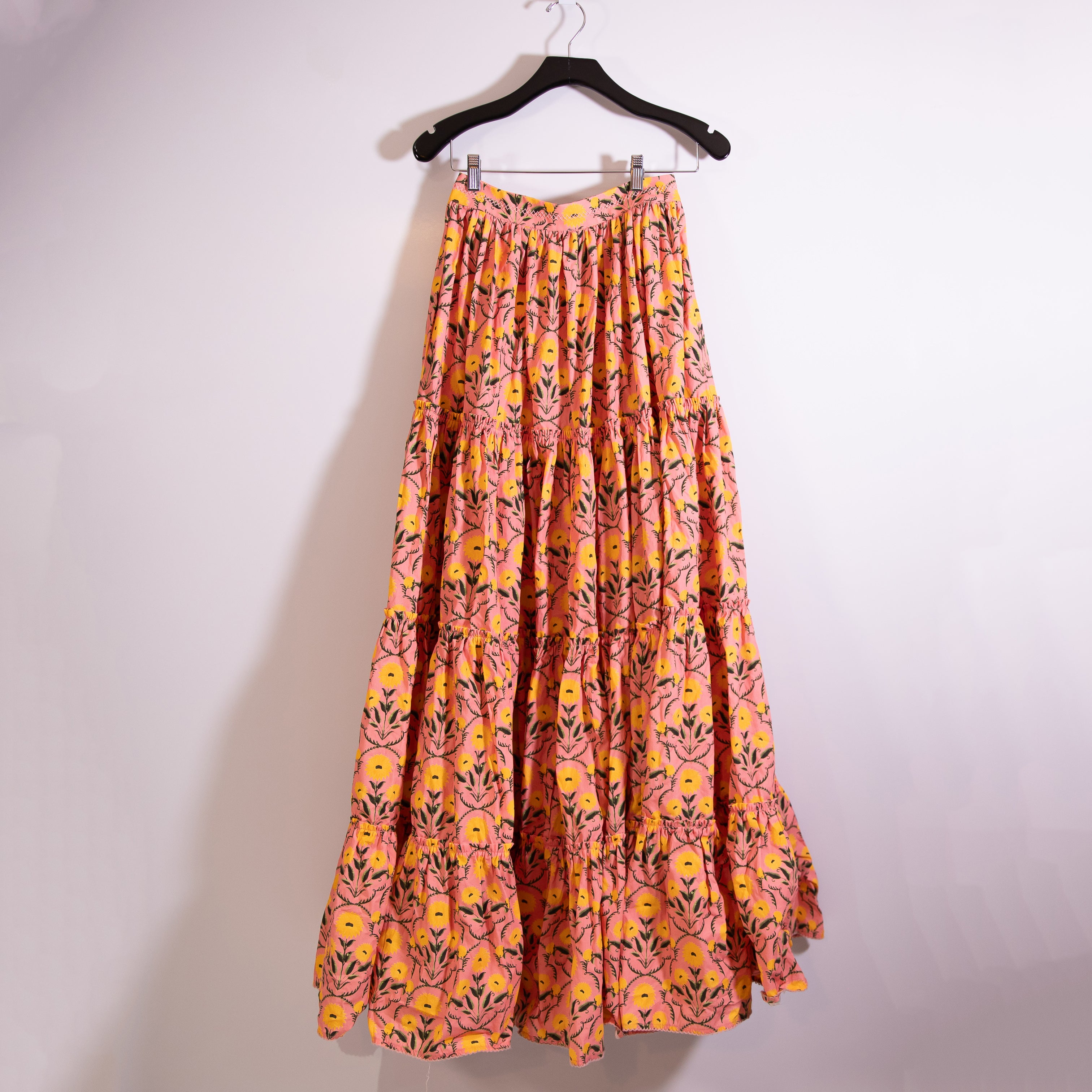 Agua Bendita Macadamia Mimosa Cotton Poplin Tiered Multi Color Maxi Skirt Small