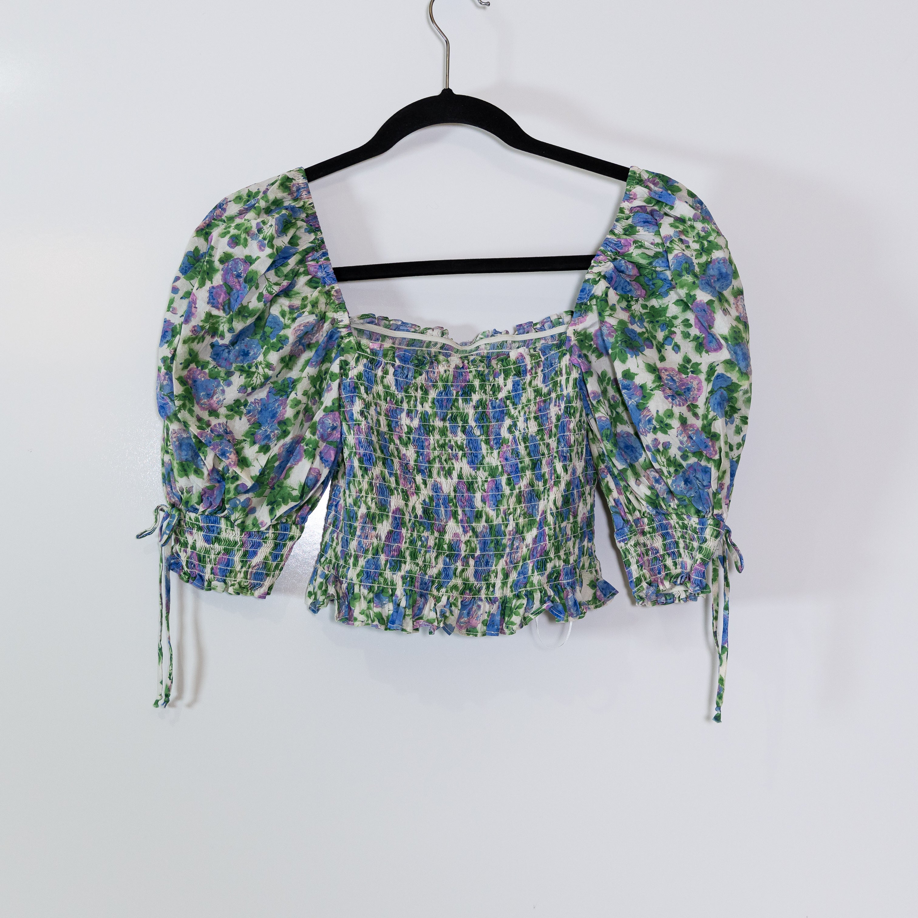 For Love And Lemons Bridget Smocked Bodice Crop Top Wisteria Floral Blouse Small