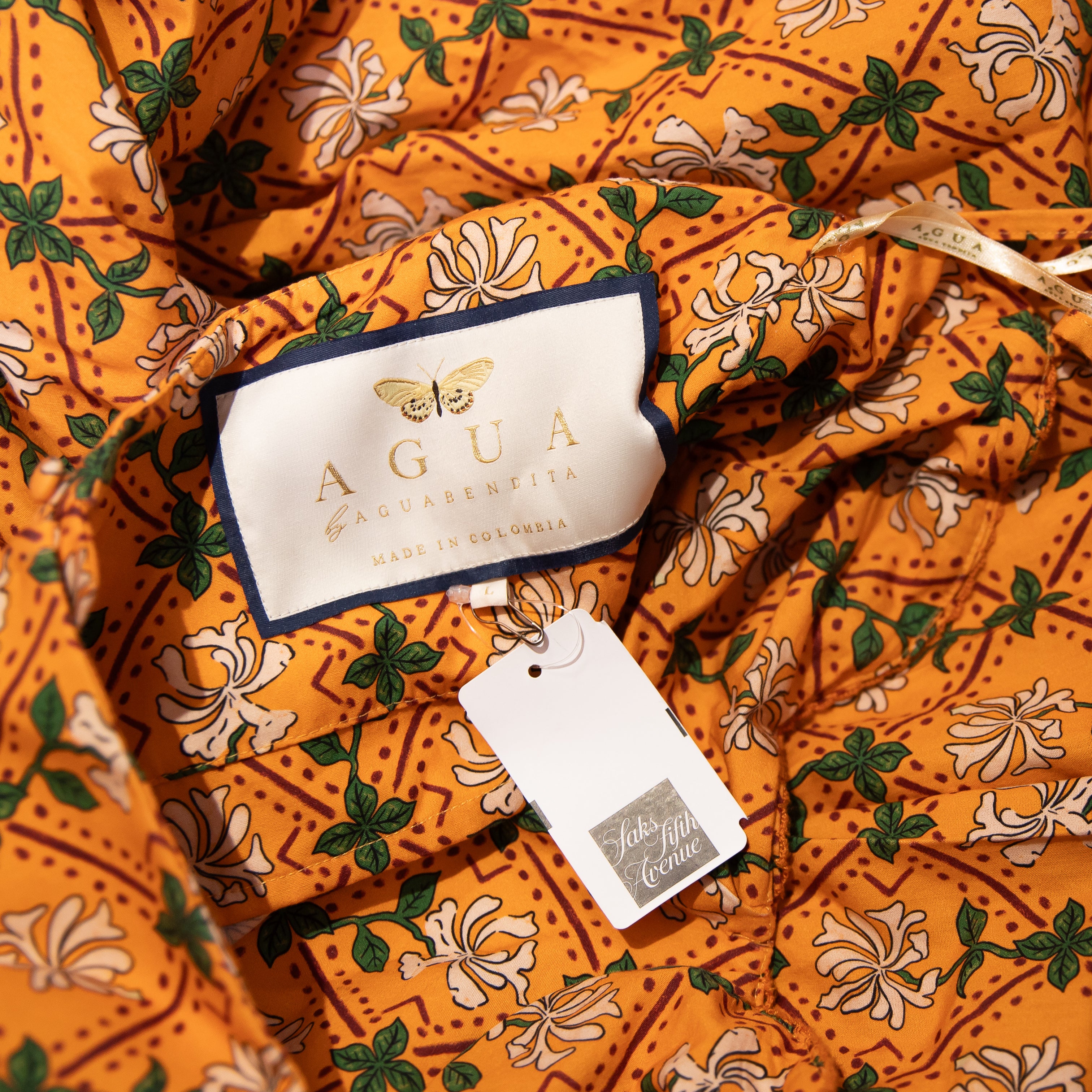 NEW Agua Bendita Mambo Cotton Poplin Multi Color Print Midi Dress Orange Multi L