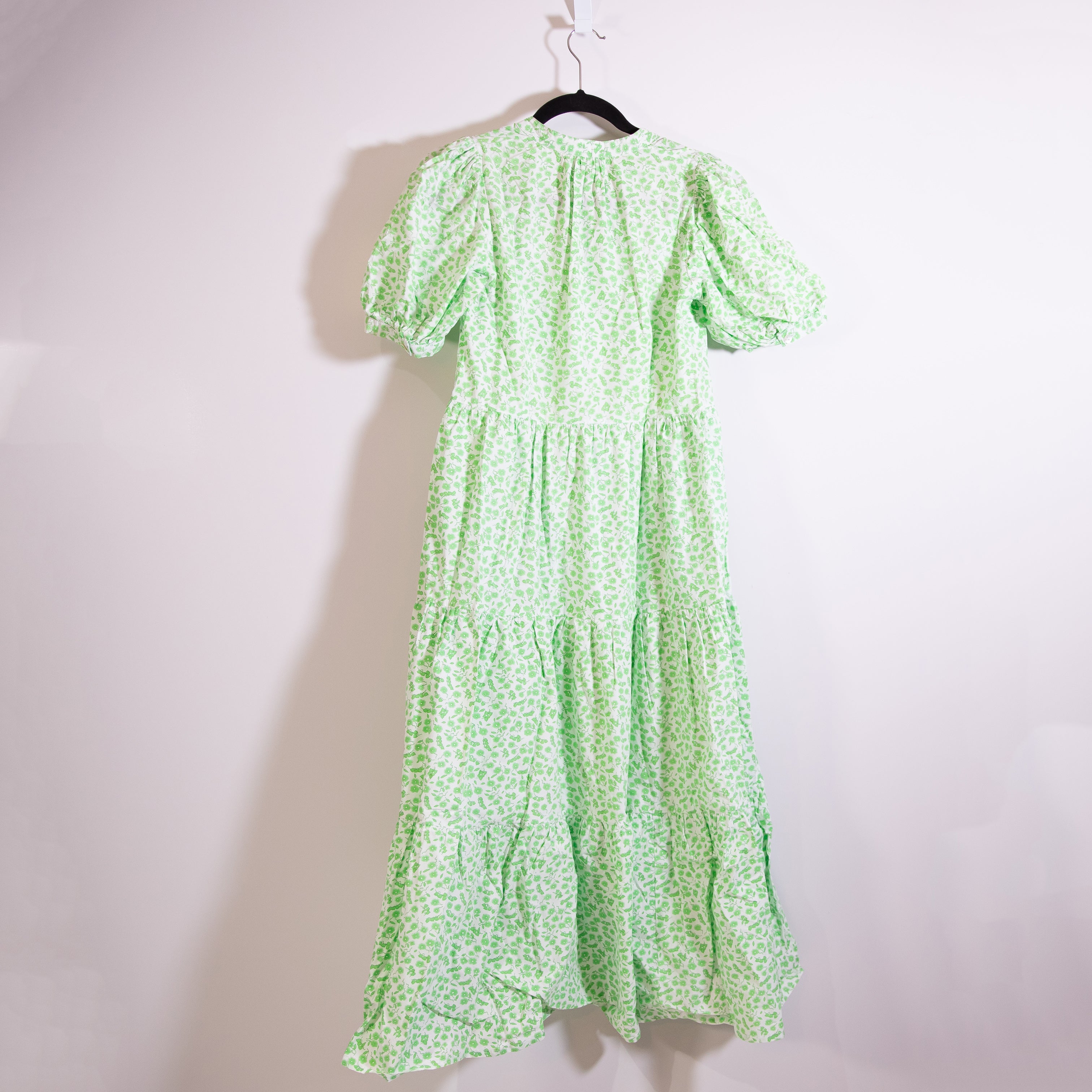 Pink City Prints Cotton Poplin Micro Green Floral Print Tiered Pullover Dress XS