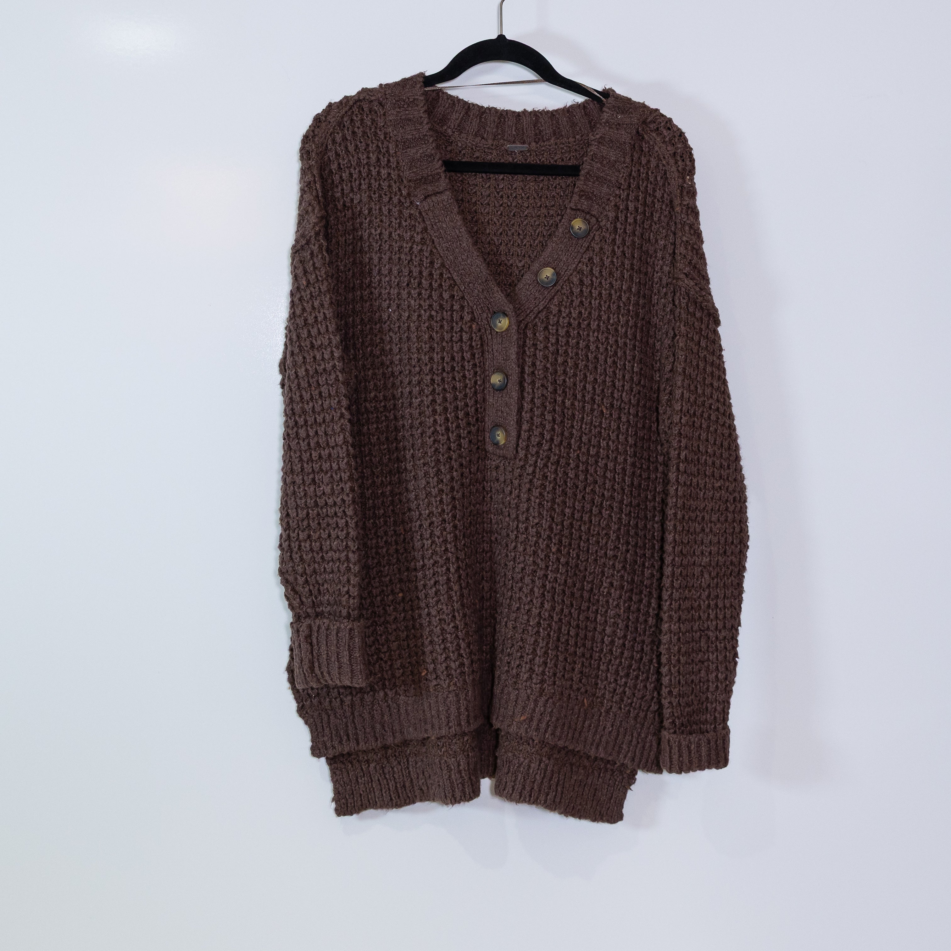 NEW Free People Whistle Thermal Henely Cotton Blend Knit Sweater Top Brownstone