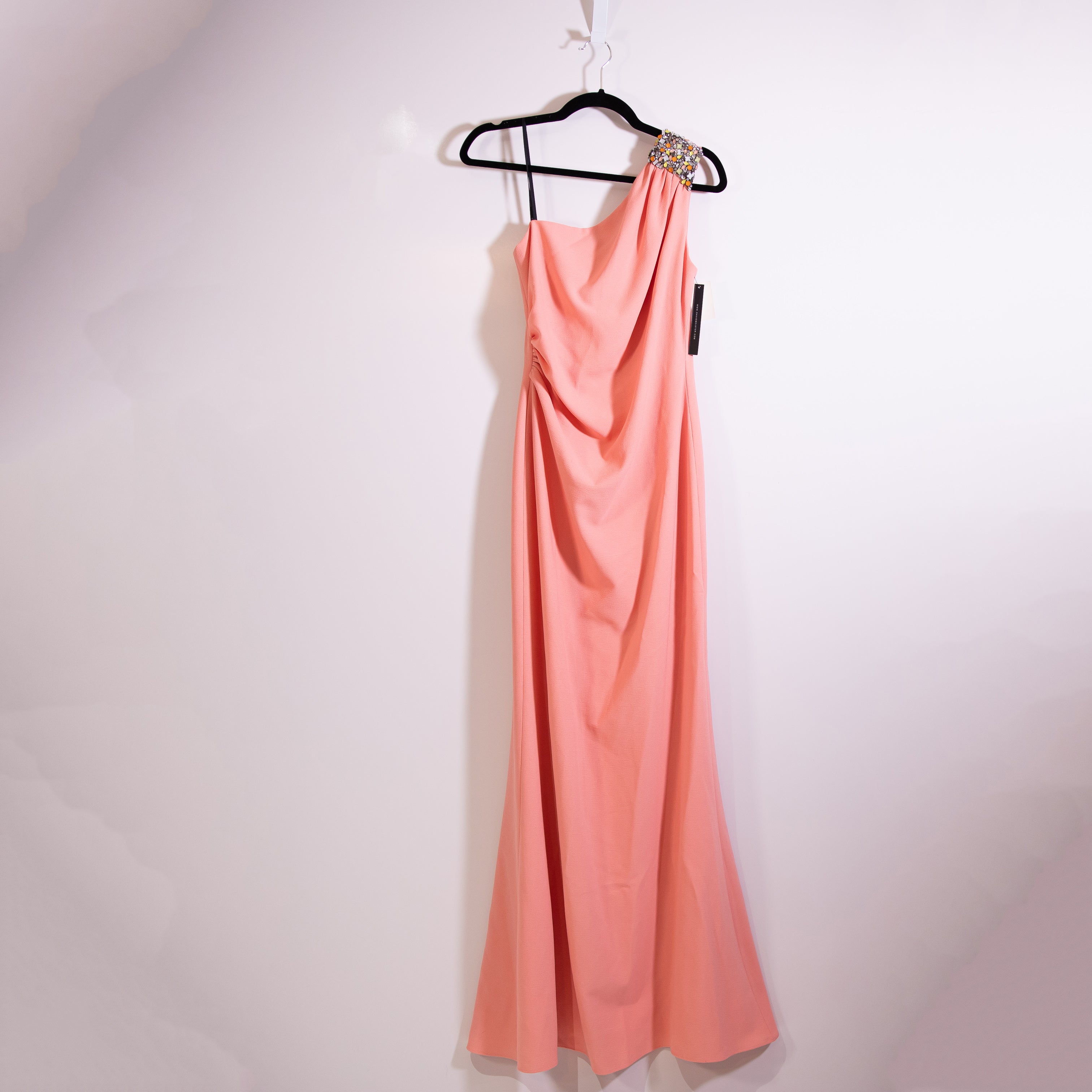 NEW David Meister Crepe Draped Ruched One Shoulder Crystal Jewel Dress Sorbet 4