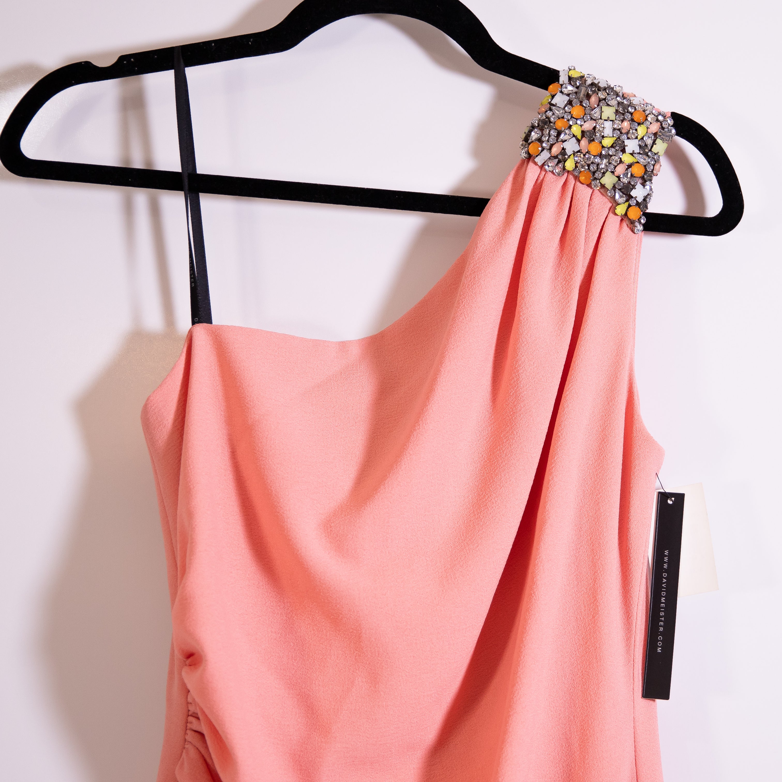NEW David Meister Crepe Draped Ruched One Shoulder Crystal Jewel Dress Sorbet 4