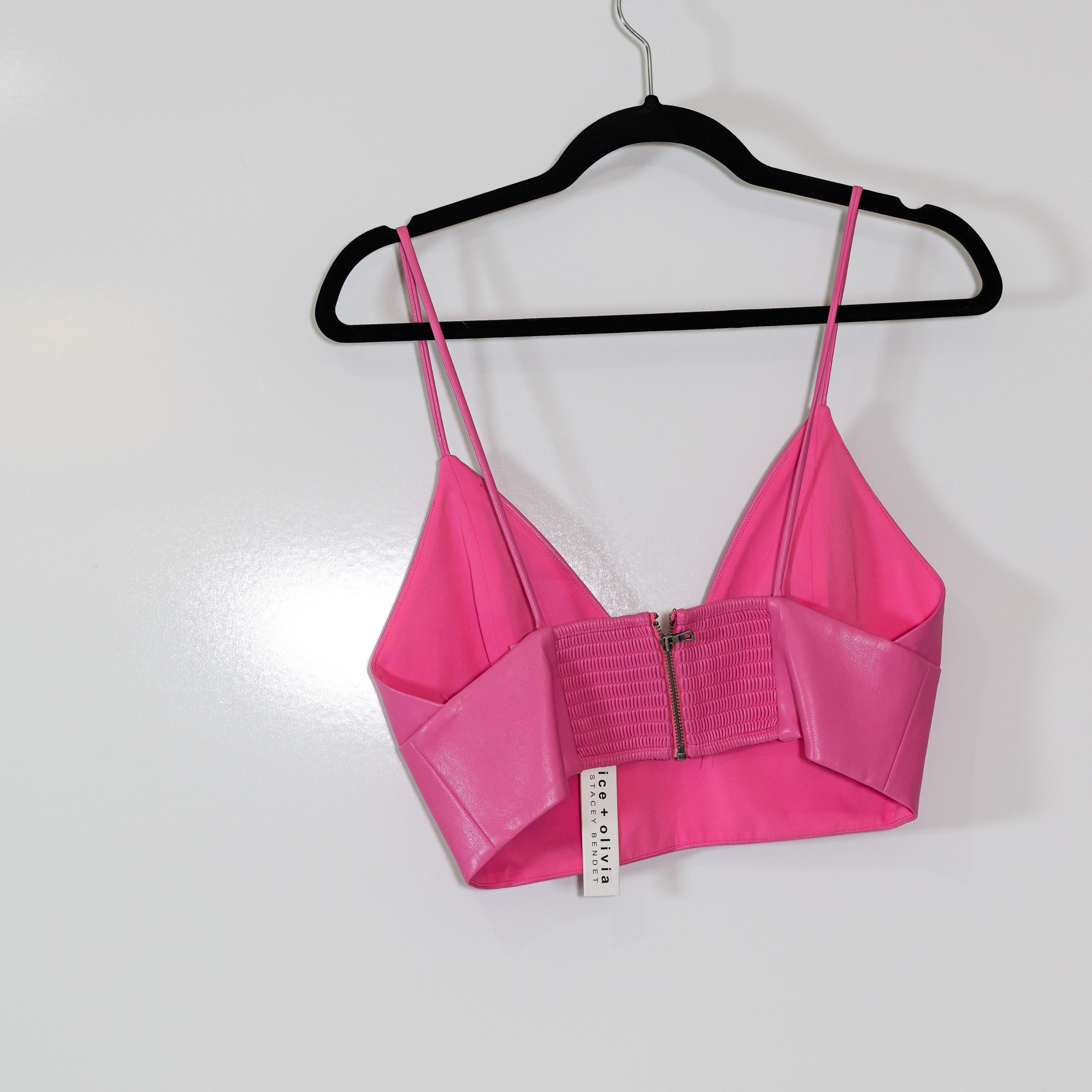 NEW Alice And Olivia Carli Faux Vegan Leather Triangle Bra Crop Top French Rose
