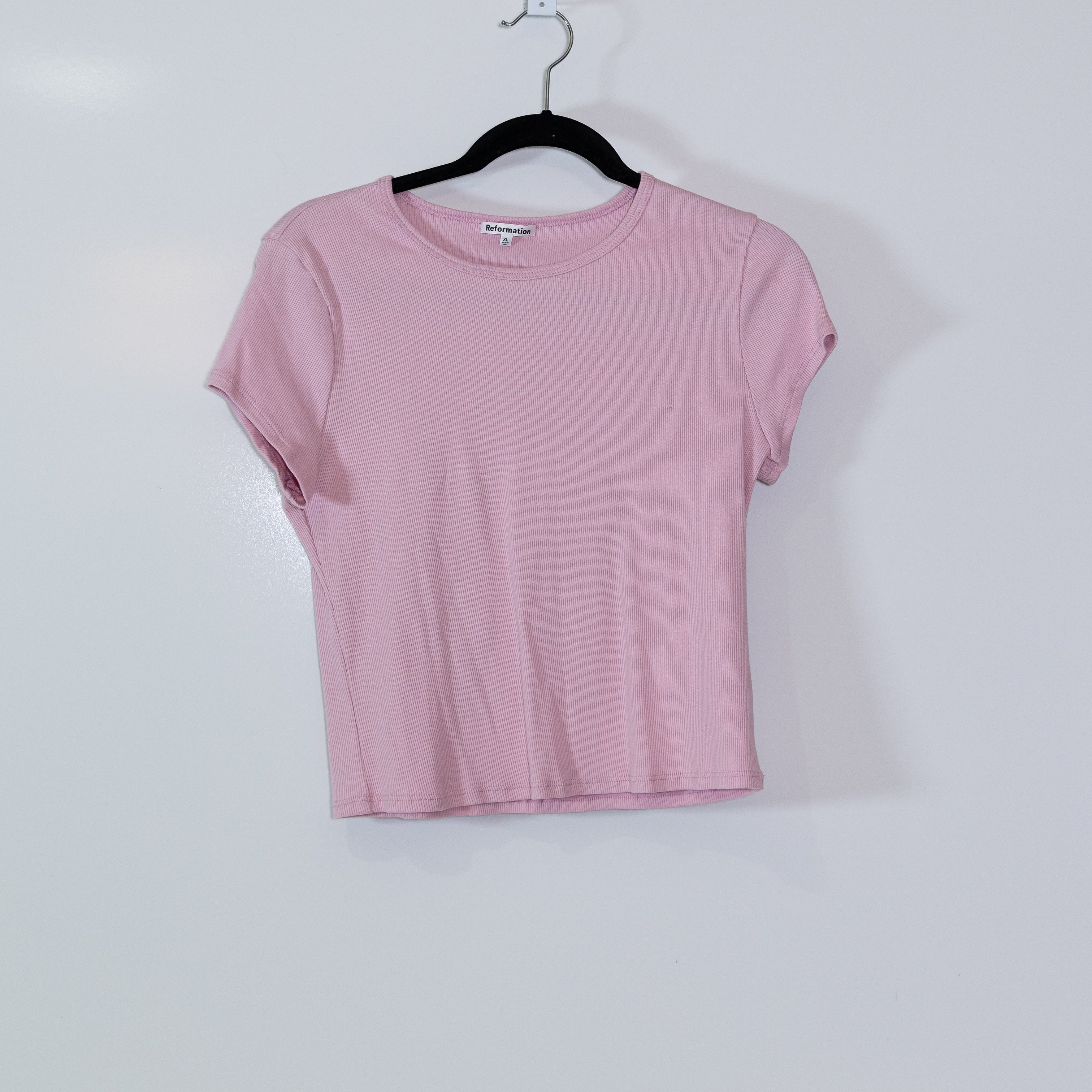 Reformation Muse Cotton Ribbed Knit Stretch Short Sleeve Shirt Babygirl Pink XL