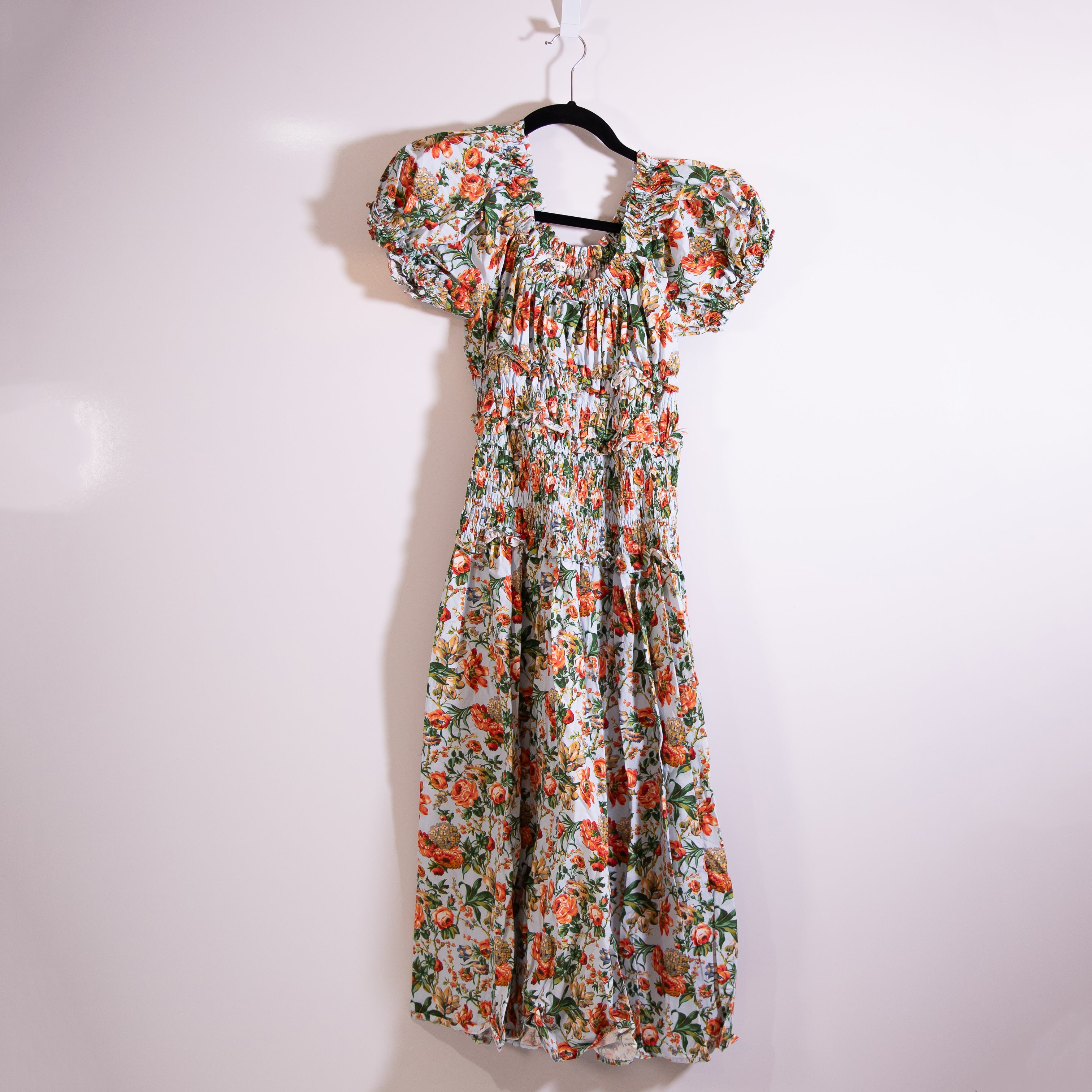 Doen Leanne Shirred Smocked Floral Print Cotton Voile Midi Dress Calico Garden S