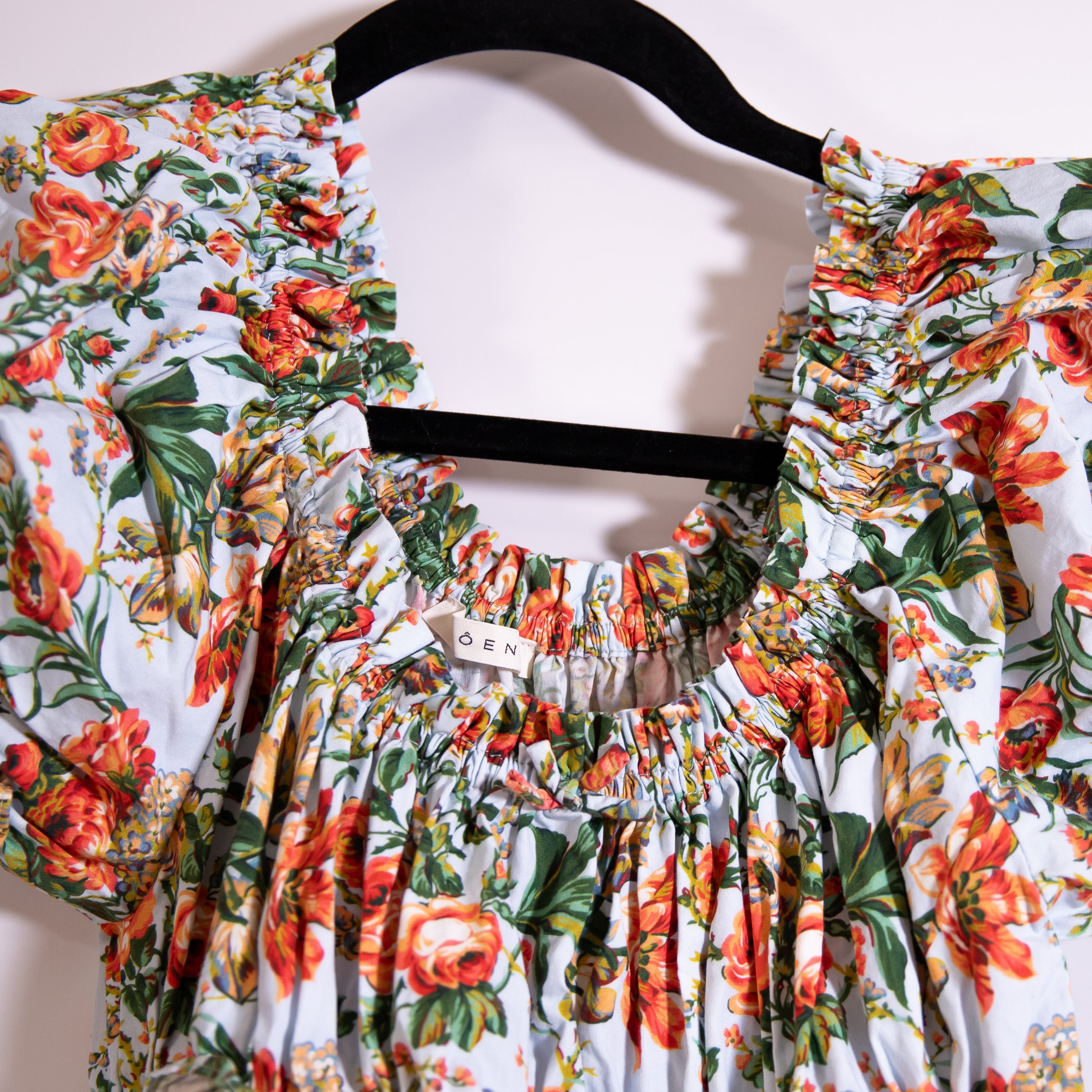 Doen Leanne Shirred Smocked Floral Print Cotton Voile Midi Dress Calico Garden S