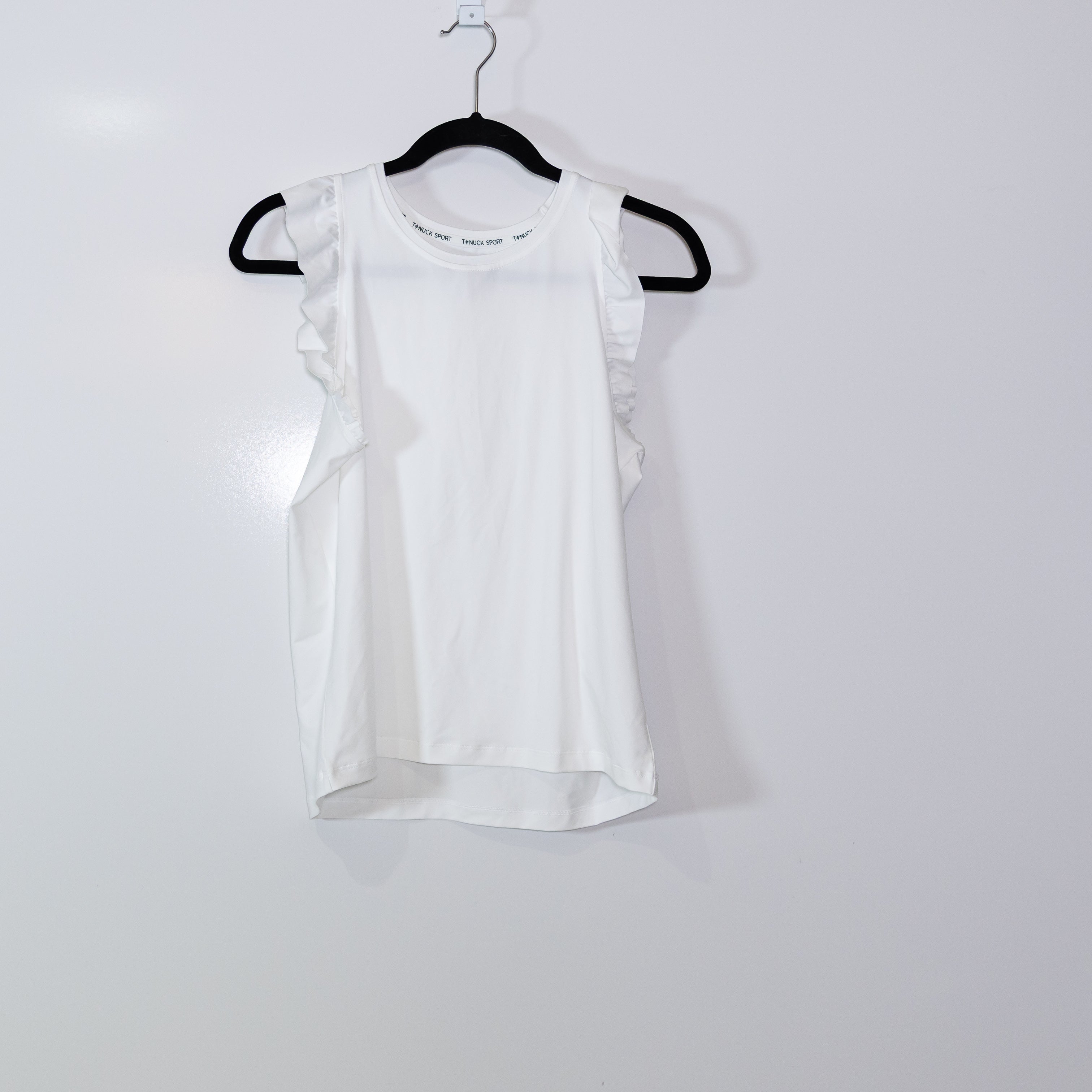 Tuckernuck TNuck Sport Lea White Performance Jersey Ruffle Short Sleeve Tank Top