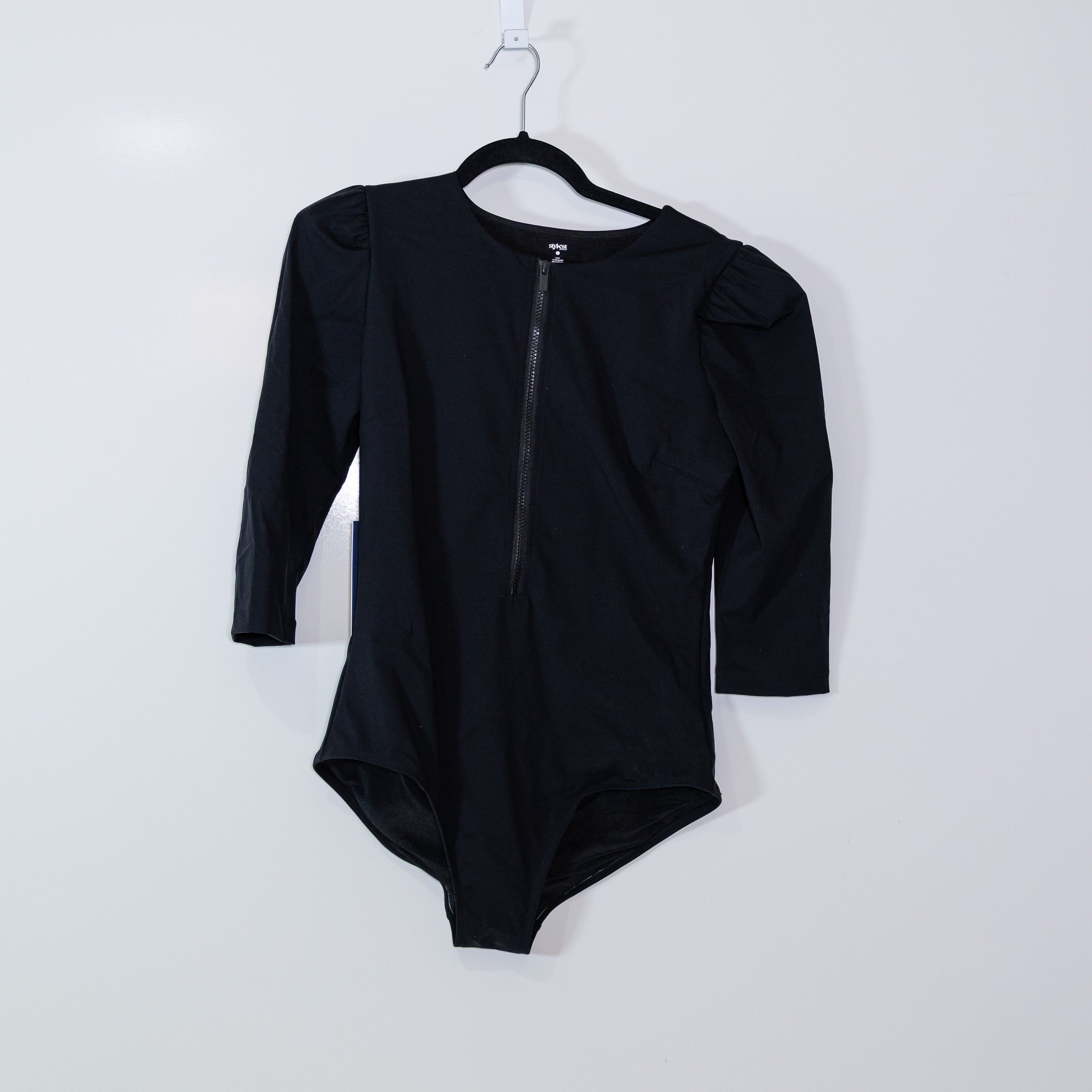 NEW Stylest DreamSculpt Puff Sleeve Zip One Piece Swim Bathing Suit Caviar Black