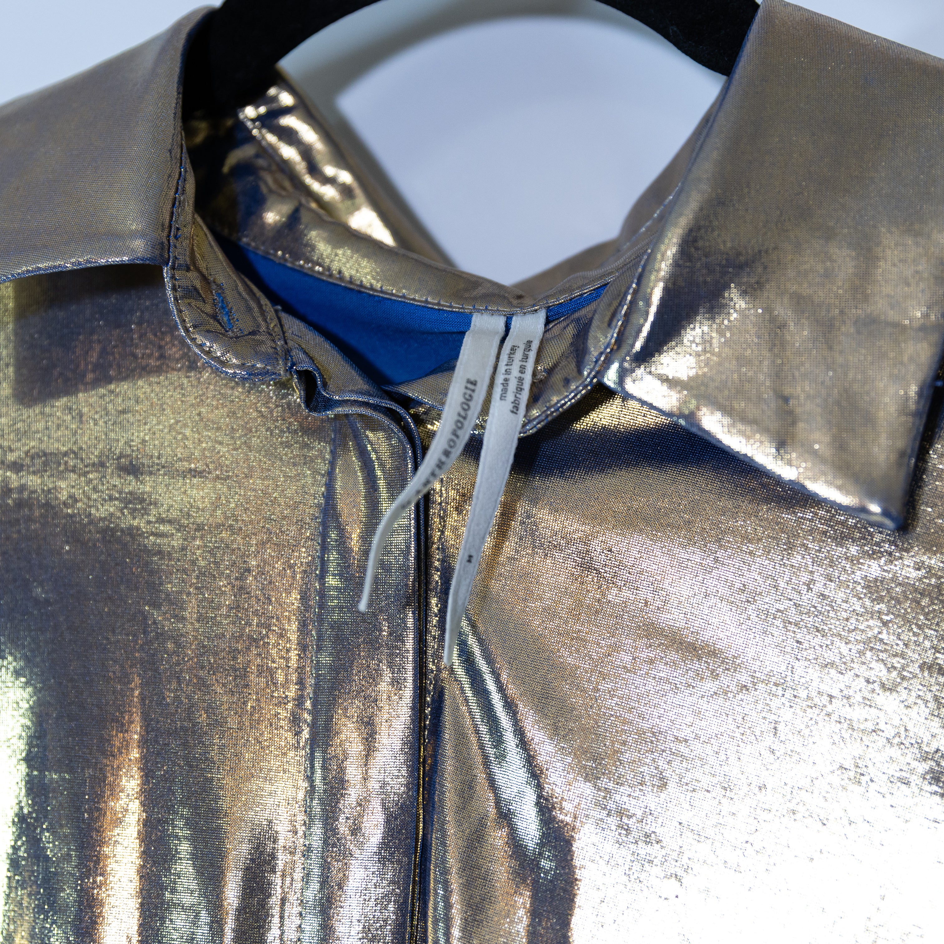 Anthropologie Shine Liquid Metallic Long Sleeve Collared Button Down Shirt Gold