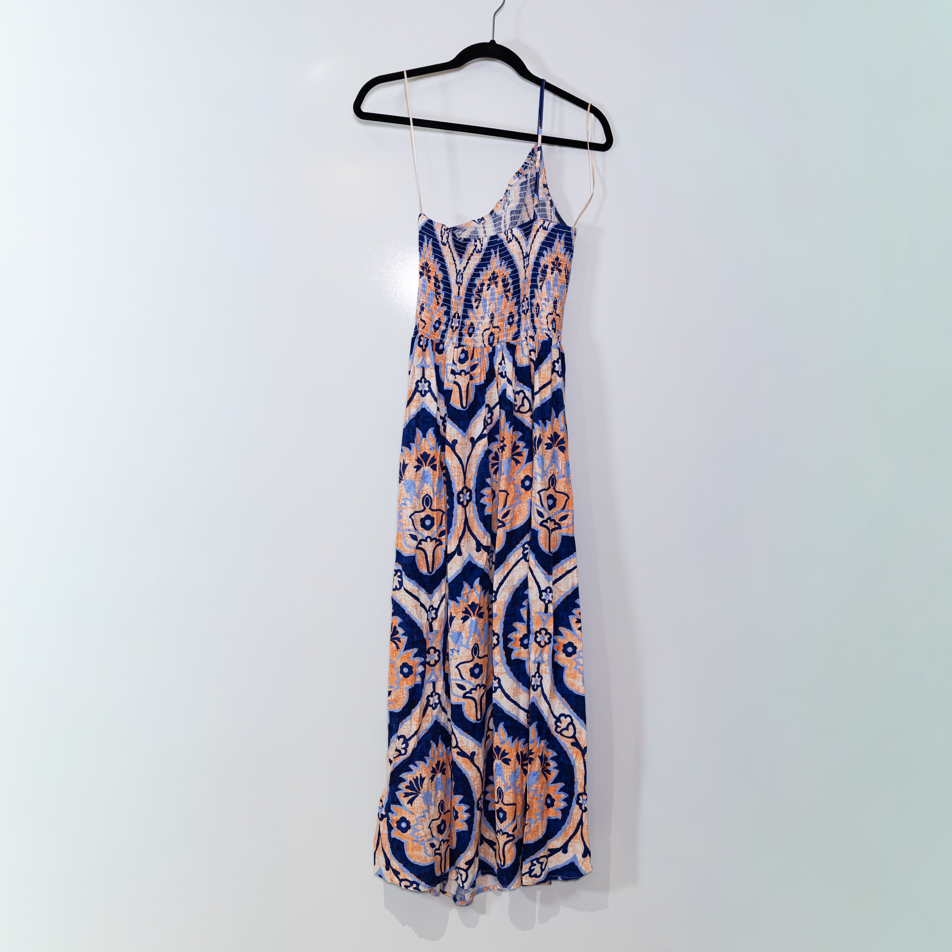 Moon River Smocked Bodice Stretch One Shoulder Linen Blend Midi Dress Peach M