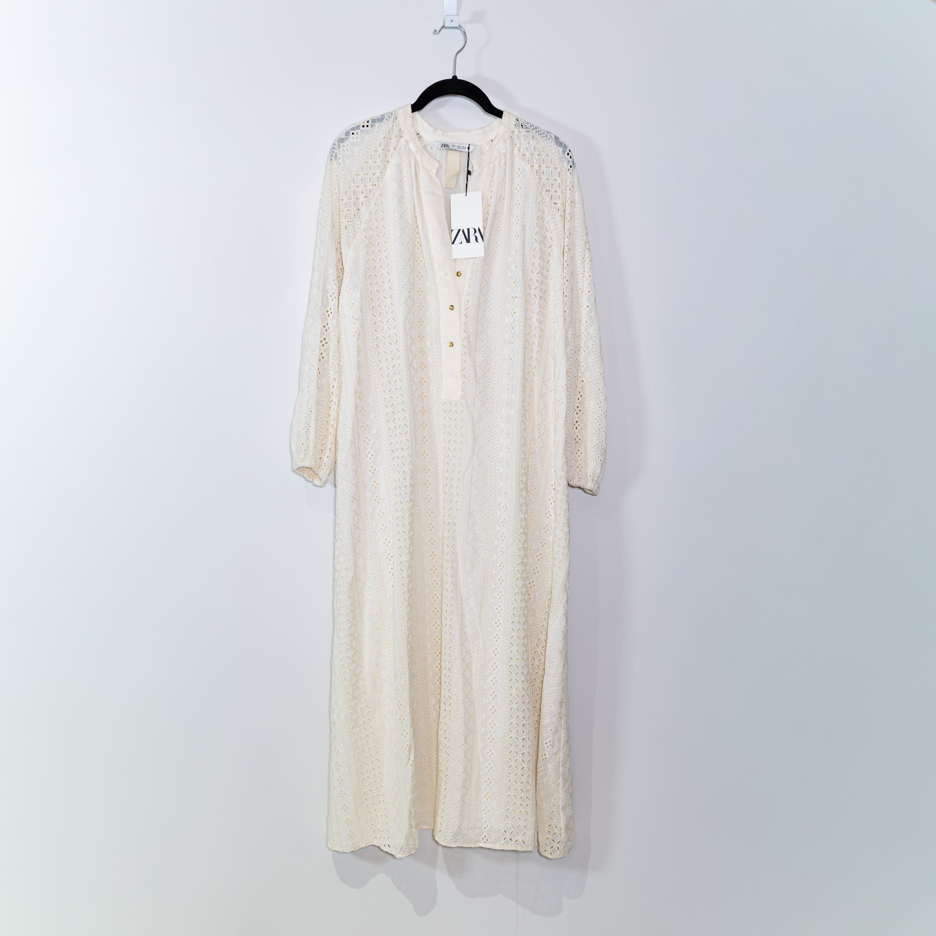 NEW Zara Women's Cotton Eyelet Lace Embroidered Pullover Midi Dress Ivory Small