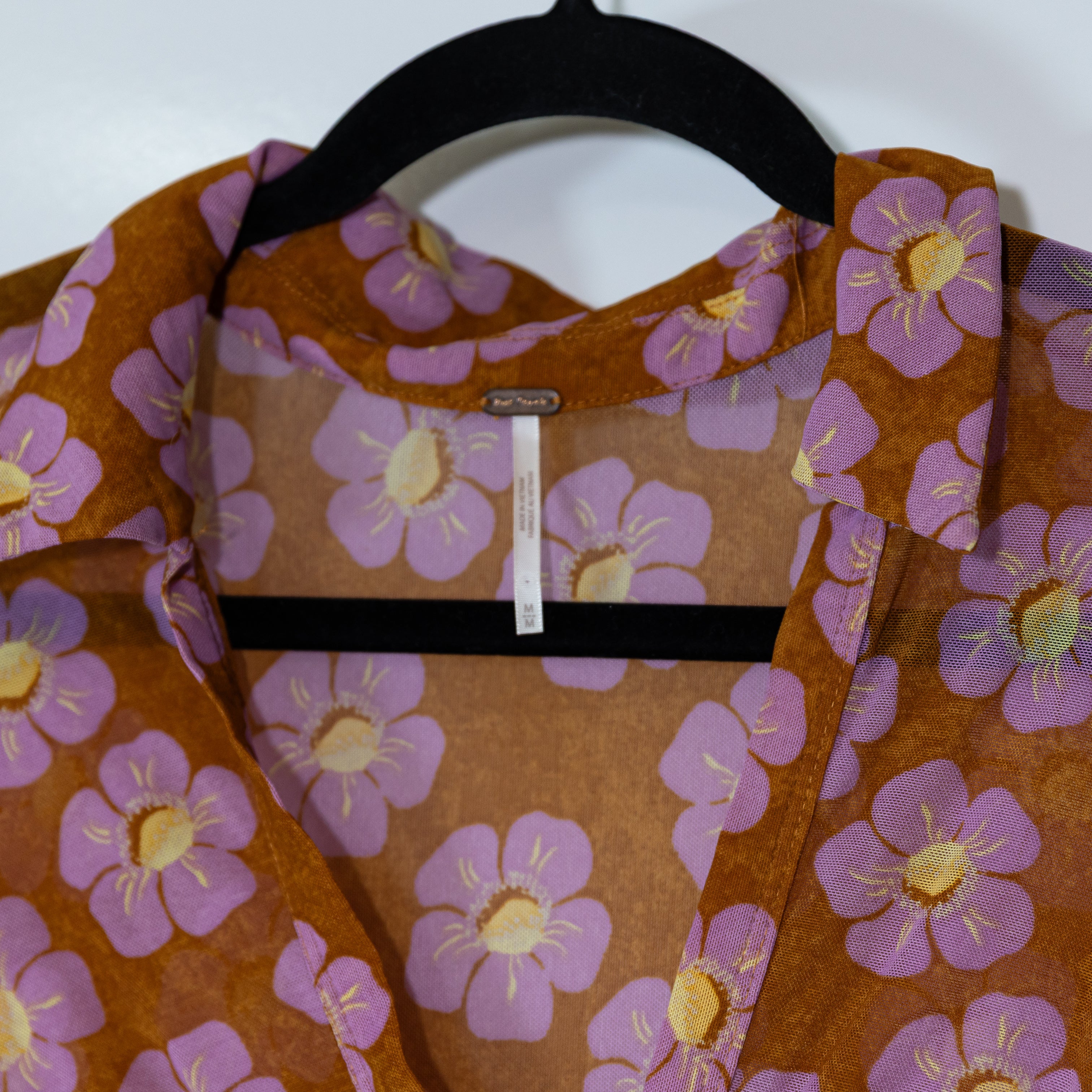 Free People Lucky Shirtee Ruched Mesh Button Up Floral Coffee Combo Blouse Top M