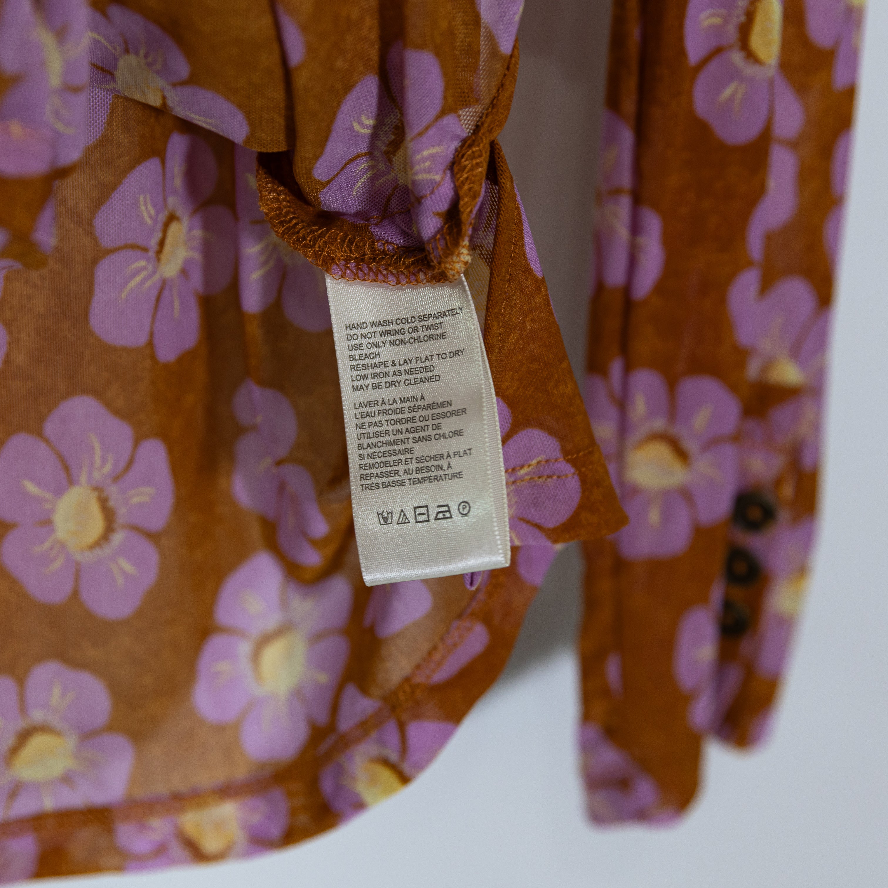 Free People Lucky Shirtee Ruched Mesh Button Up Floral Coffee Combo Blouse Top M