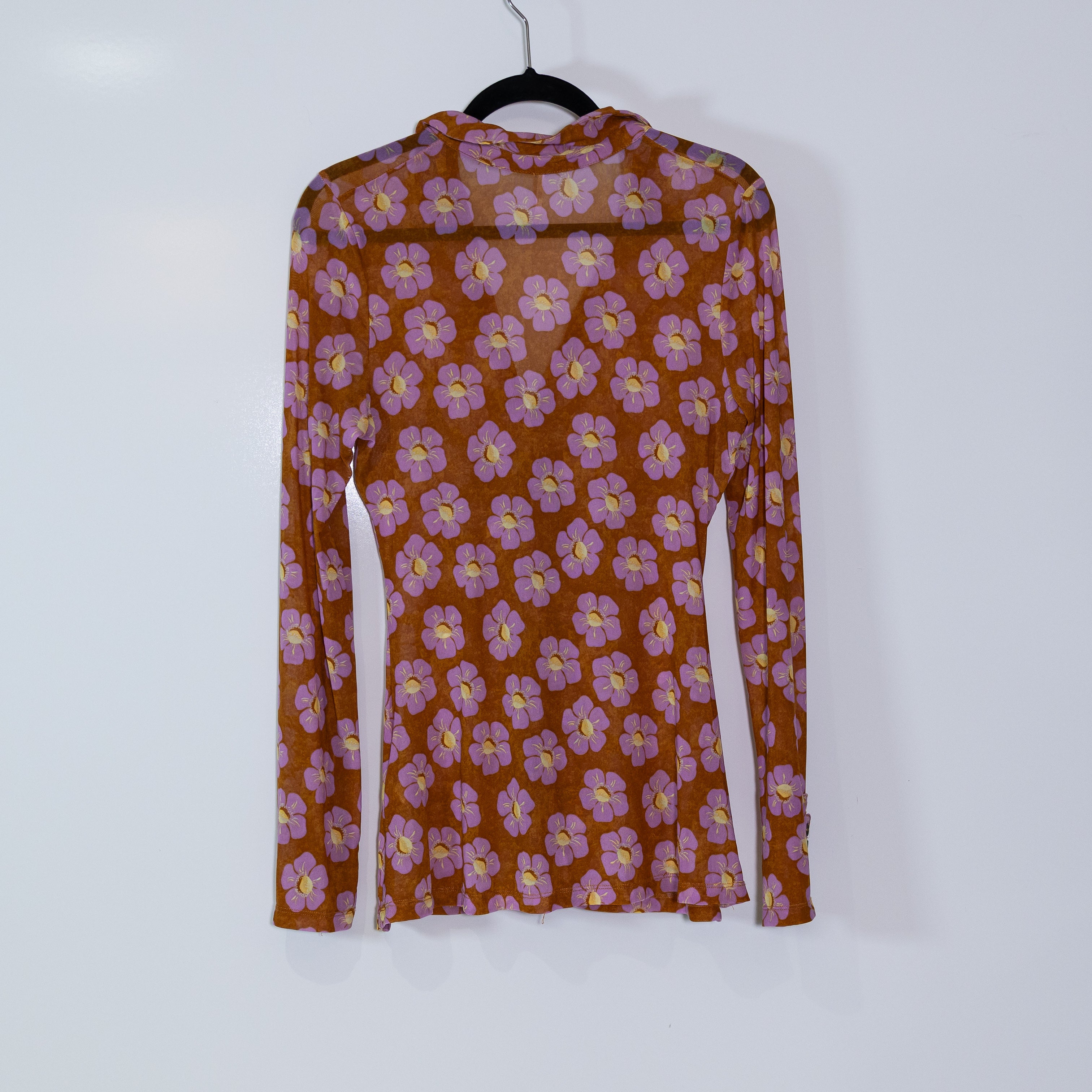 Free People Lucky Shirtee Ruched Mesh Button Up Floral Coffee Combo Blouse Top M