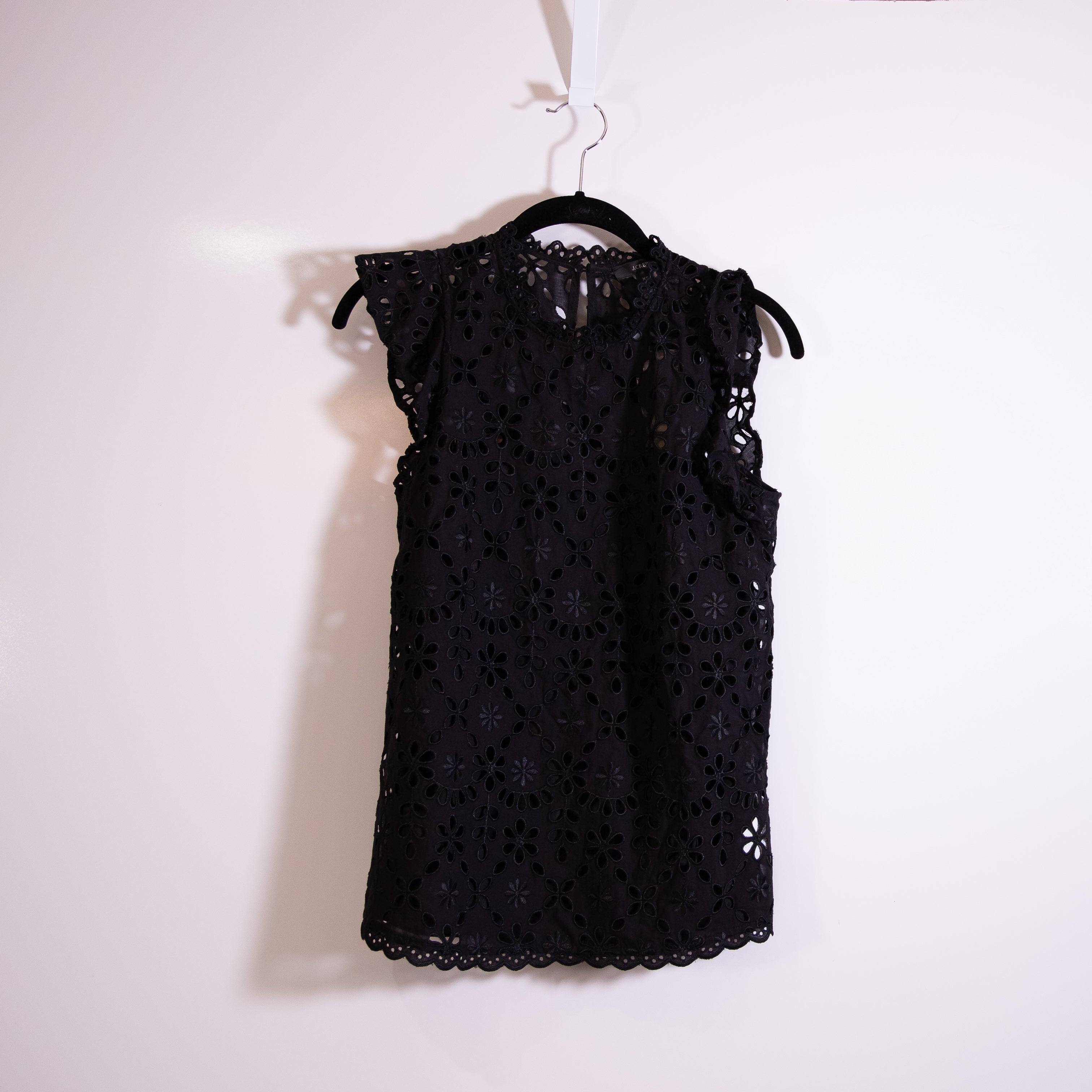 NEW J. Crew Cotton Mockneck Ruffle Short Sleeve Embroidered Eyelet Blouse Black