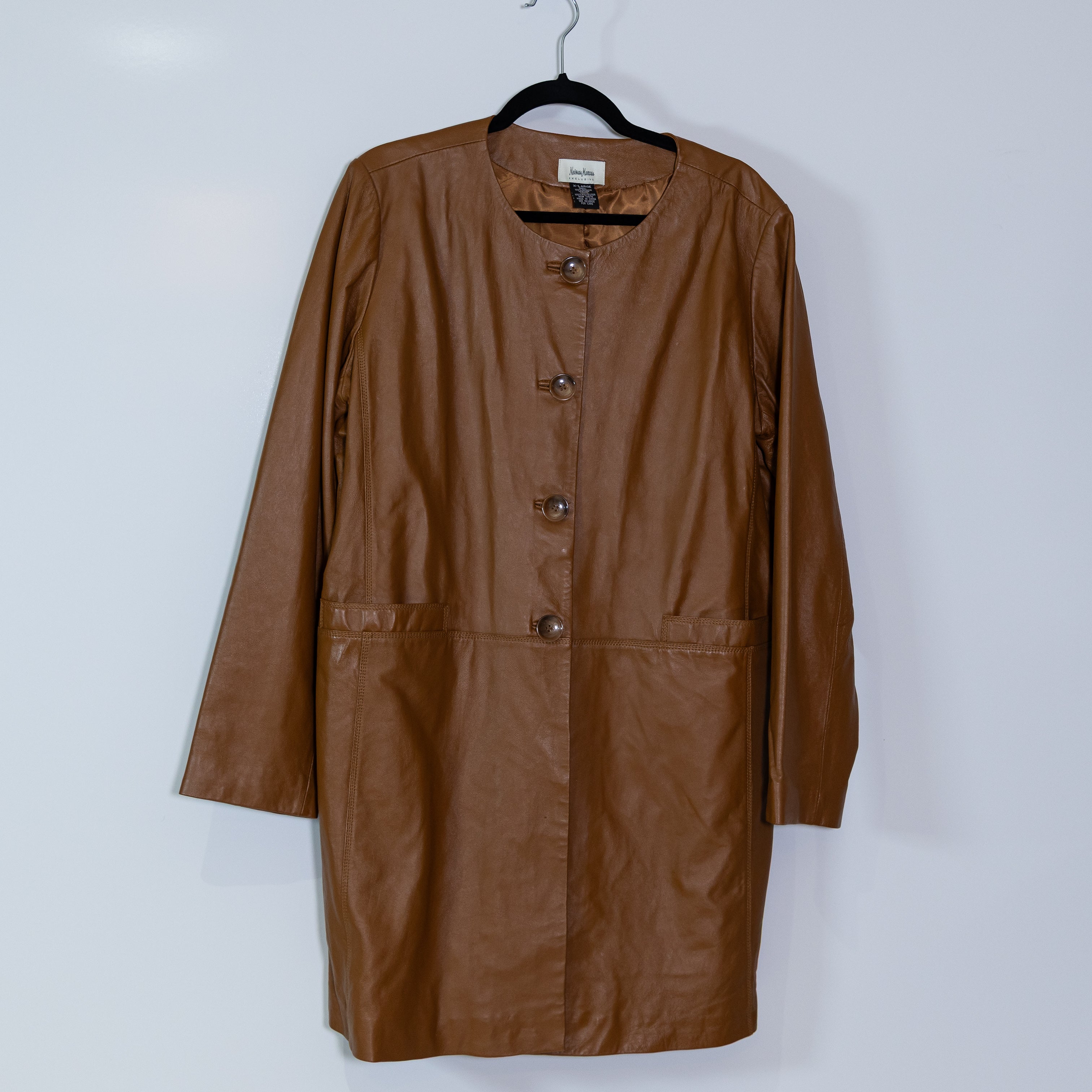 Neiman Marcus Genuine Leather Button Front Overcoat Jacket Brown Tan XL
