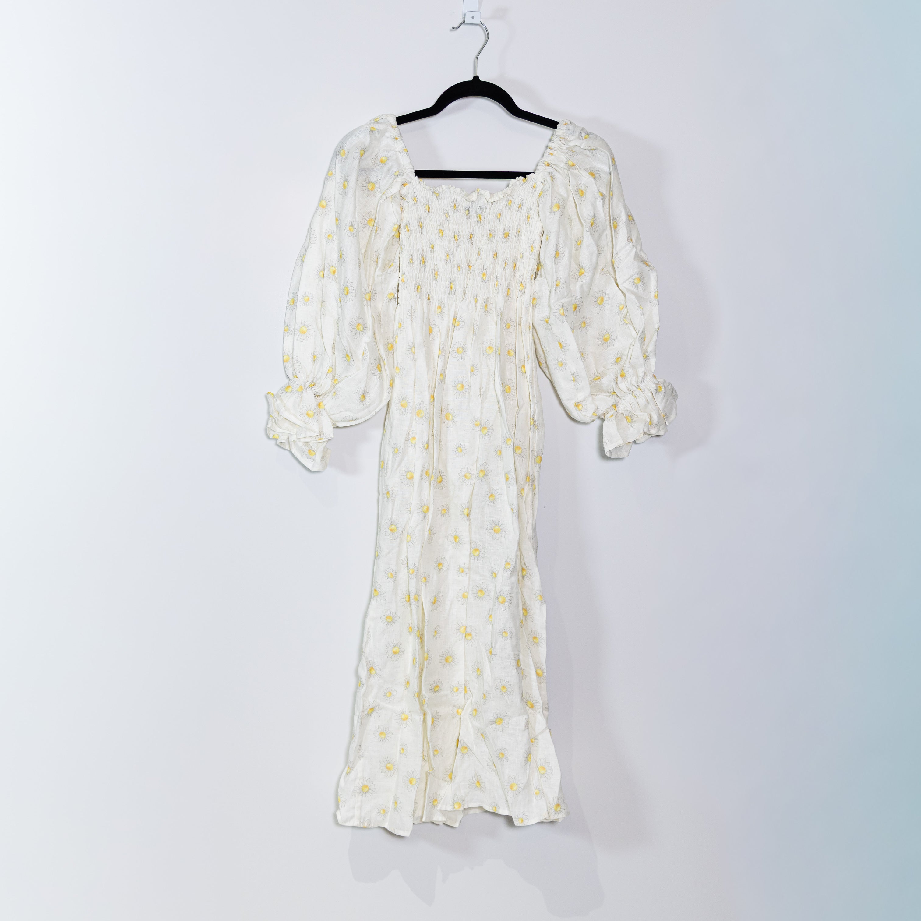 Sleeper Cha-Cha Linen Off The Shoulder Ruffled Resort Midi Dress Daisies Print S