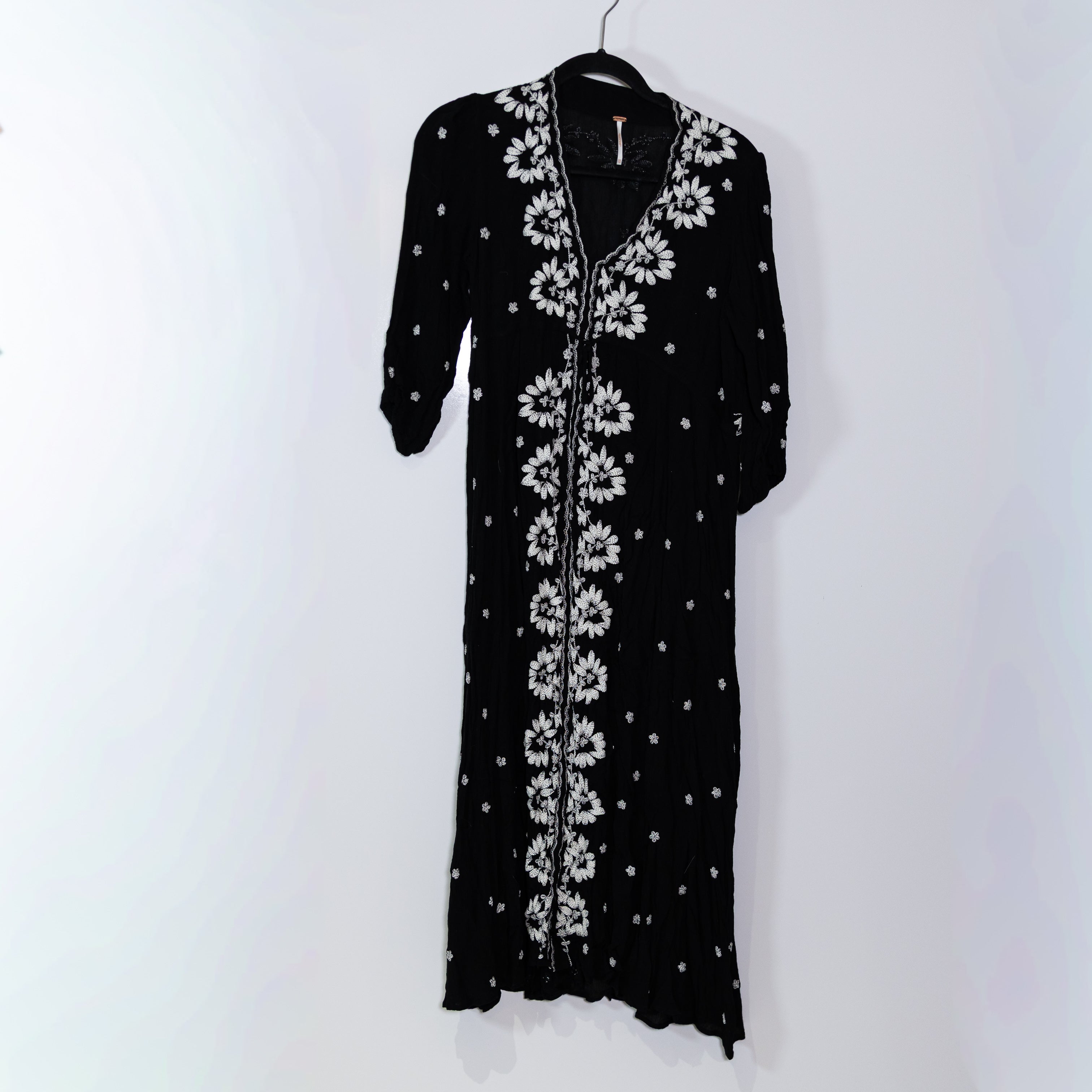 Free People Fable Floral Flower Embroidered Gauze Pullover Maxi Dress Black XS