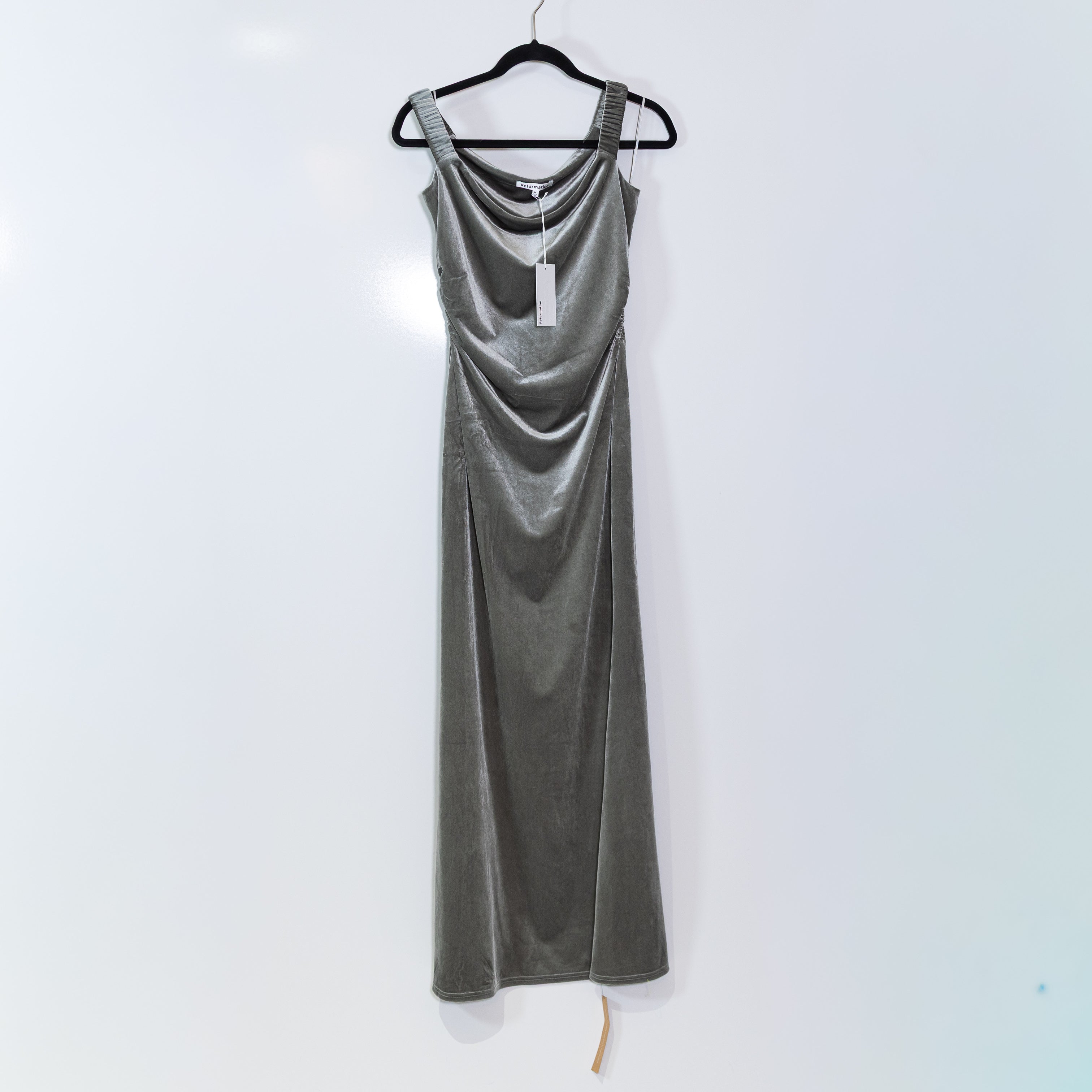 NEW Reformation Ritz Knit Stretch Velvet Velour Ruched Midi Dress Grey Medium