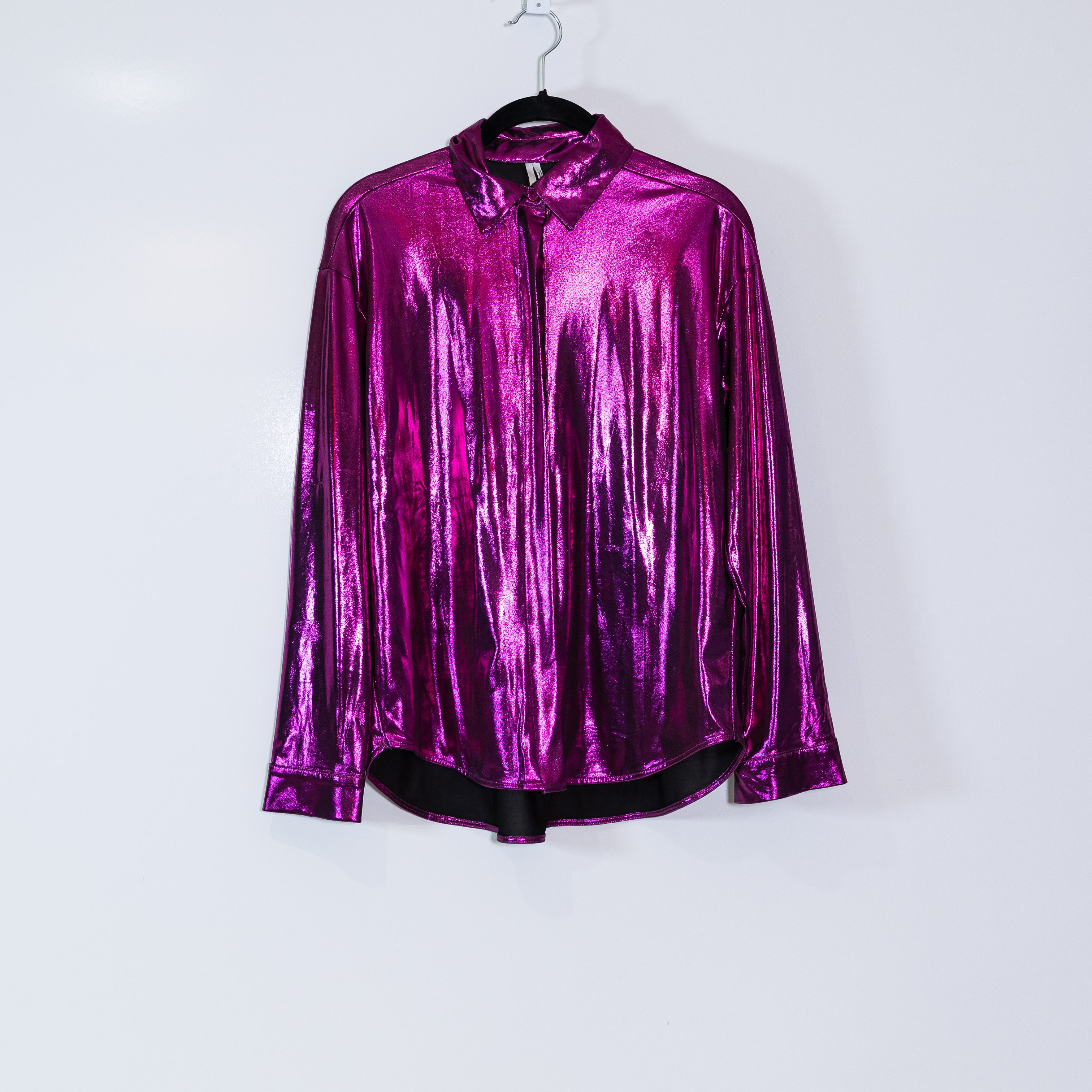 Anthropologie Shine Liquid Metallic Long Sleeve Collared Button Down Shirt Pink