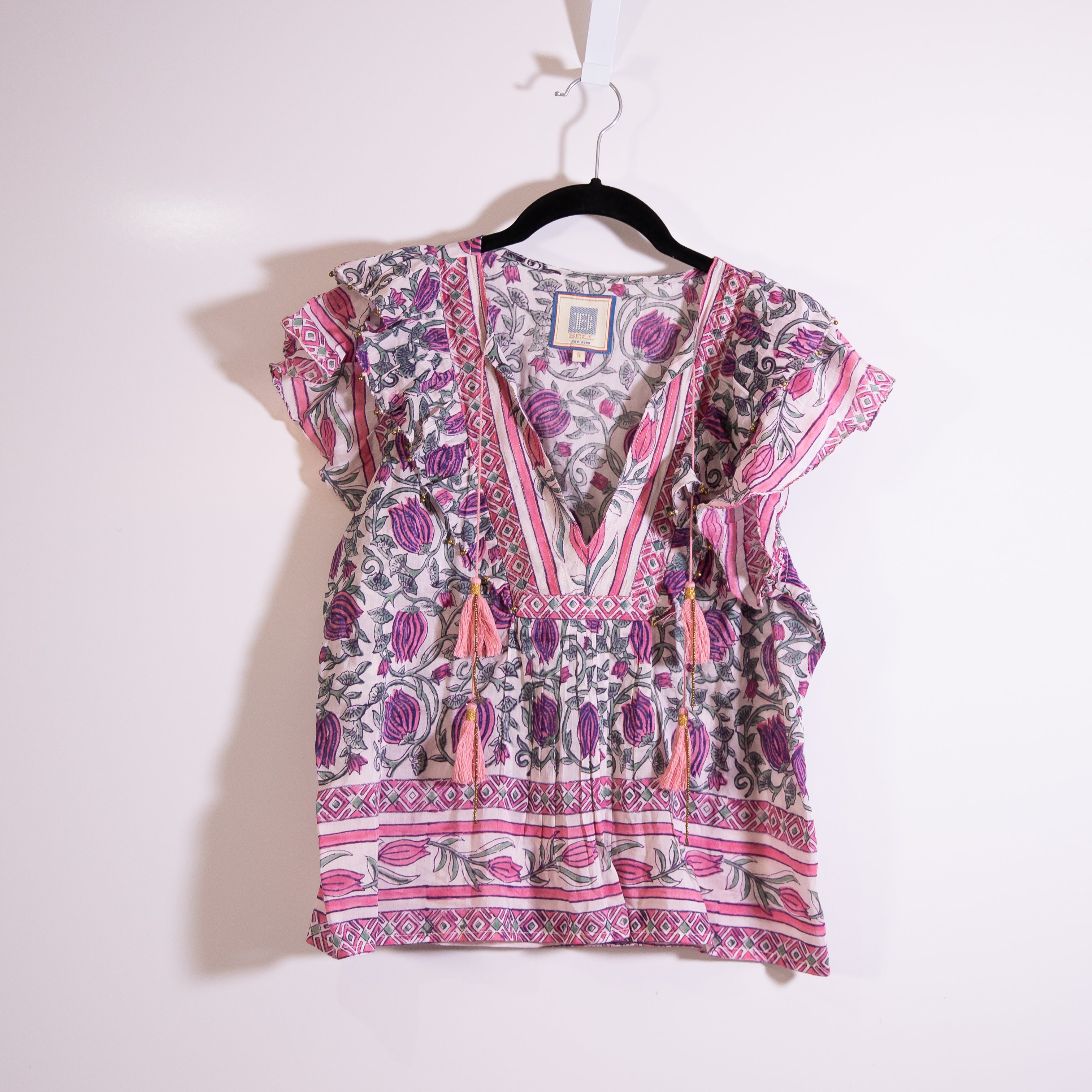 Alicia Bell Kiara Cotton Silk V Neck Ruffle Short Sleeve Blouse Shirt Top Small