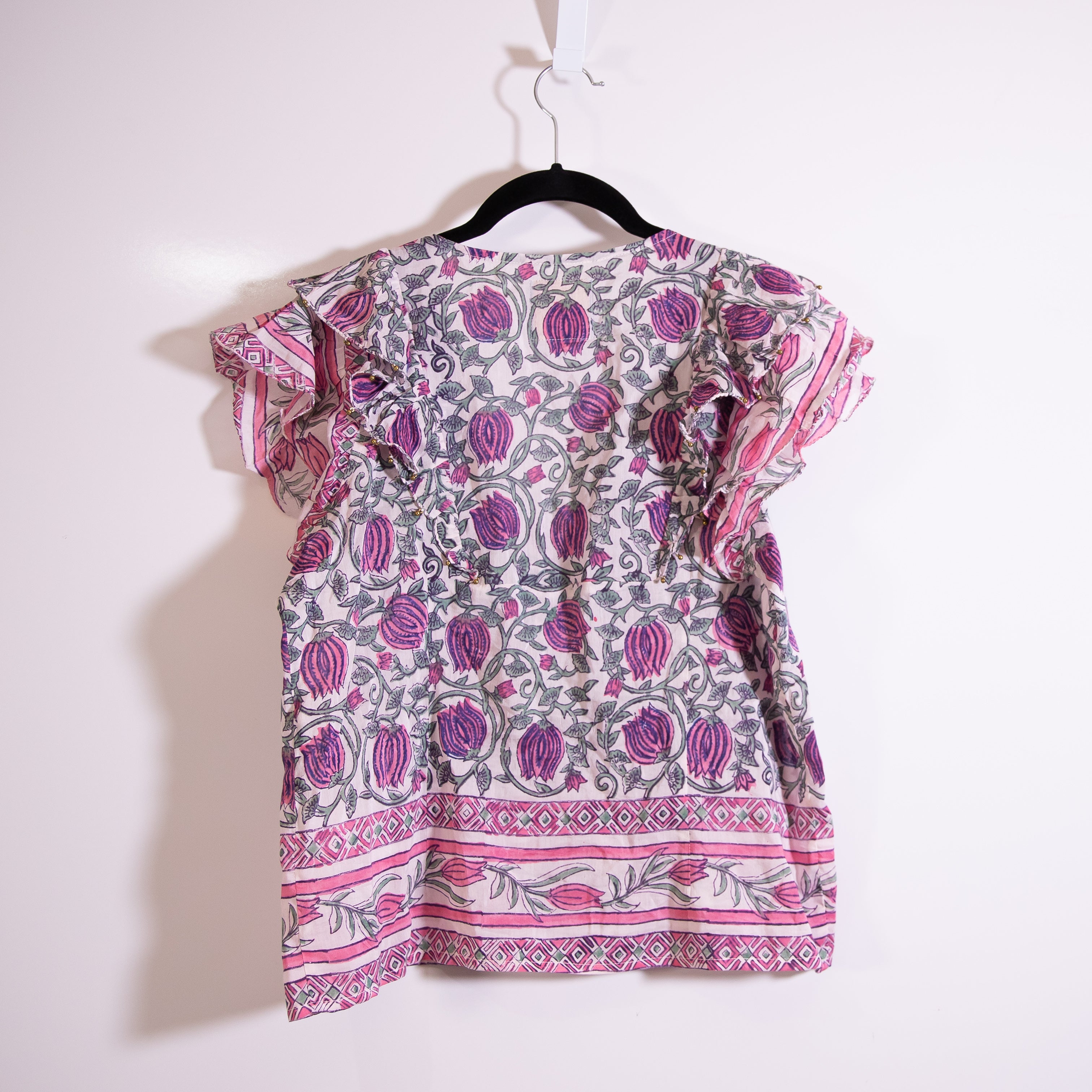 Alicia Bell Kiara Cotton Silk V Neck Ruffle Short Sleeve Blouse Shirt Top Small