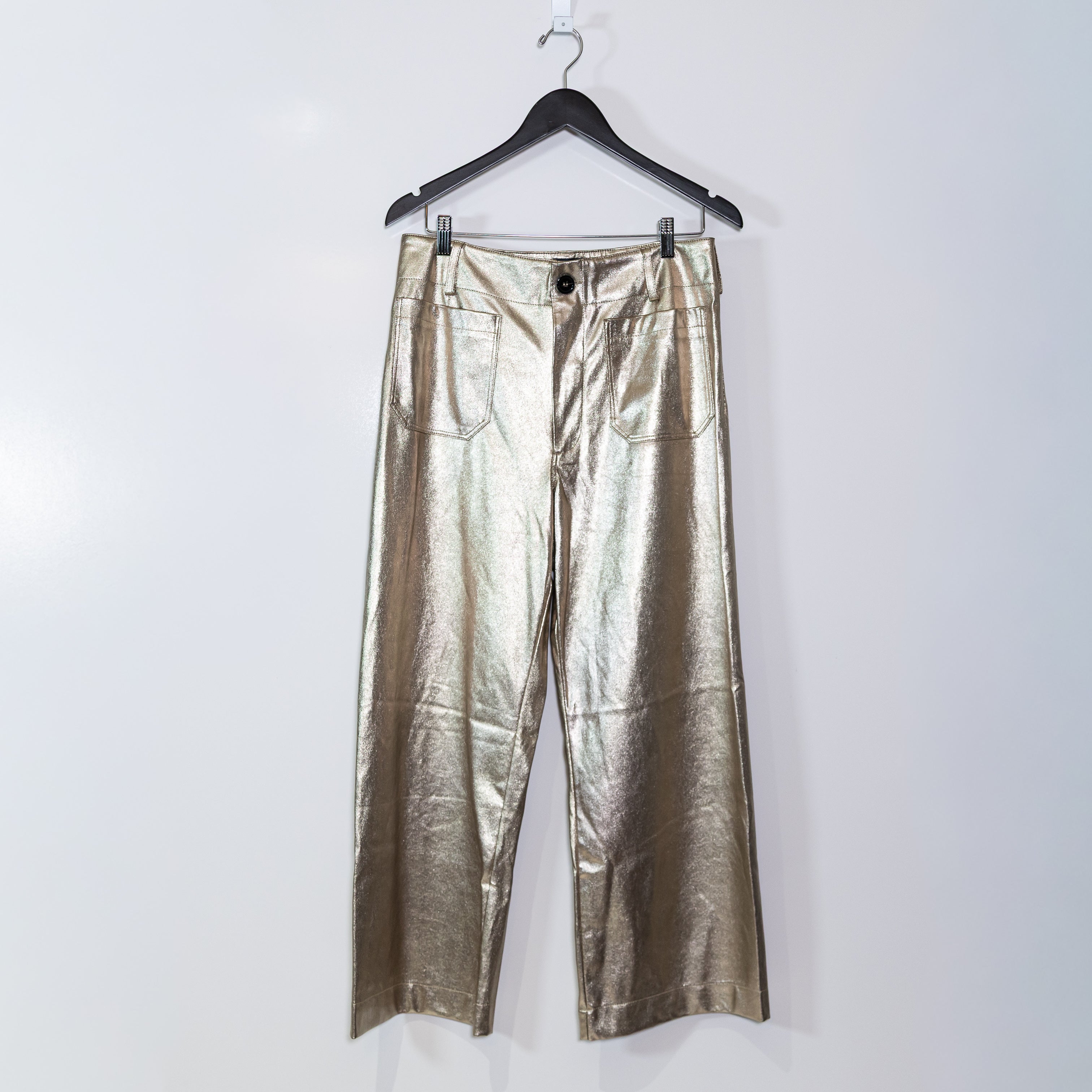 Maeve Anthropologie Colette Metallic Gold Faux Leather Cropped Wide-Leg Pants 30