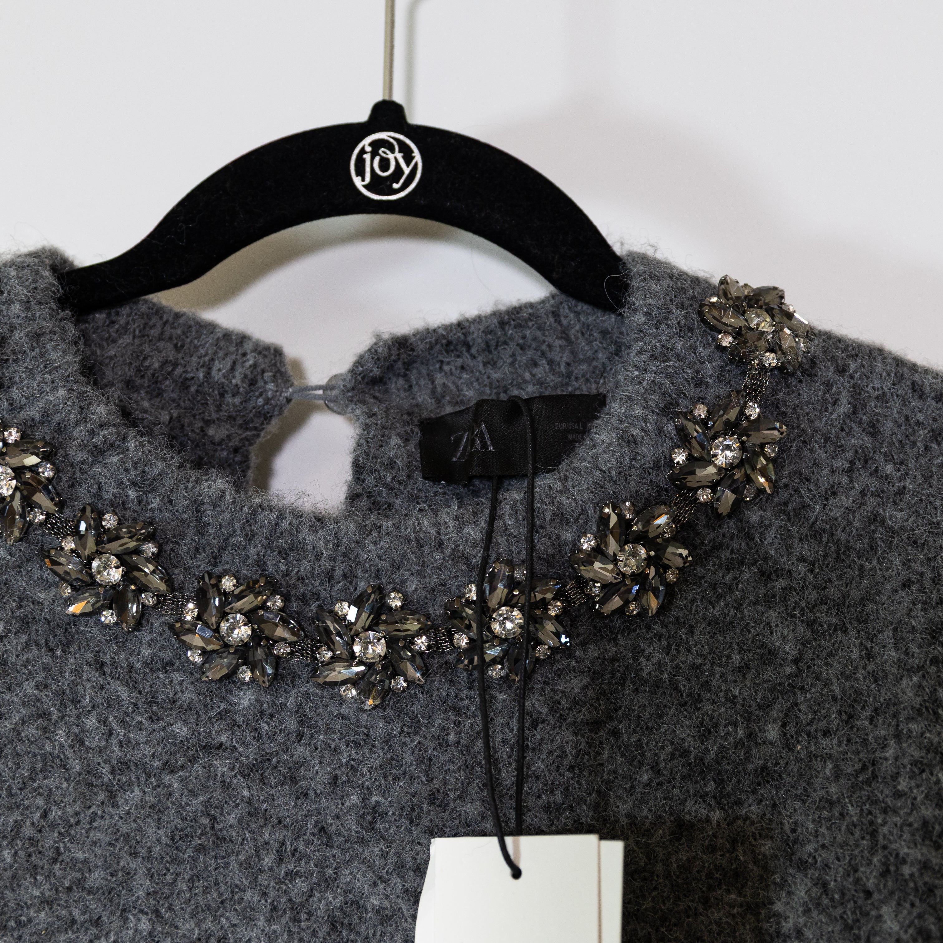 NEW Zara Crystal Jewel Rhinestone Embellished Crew Neck Wool Blend Knit Sweater