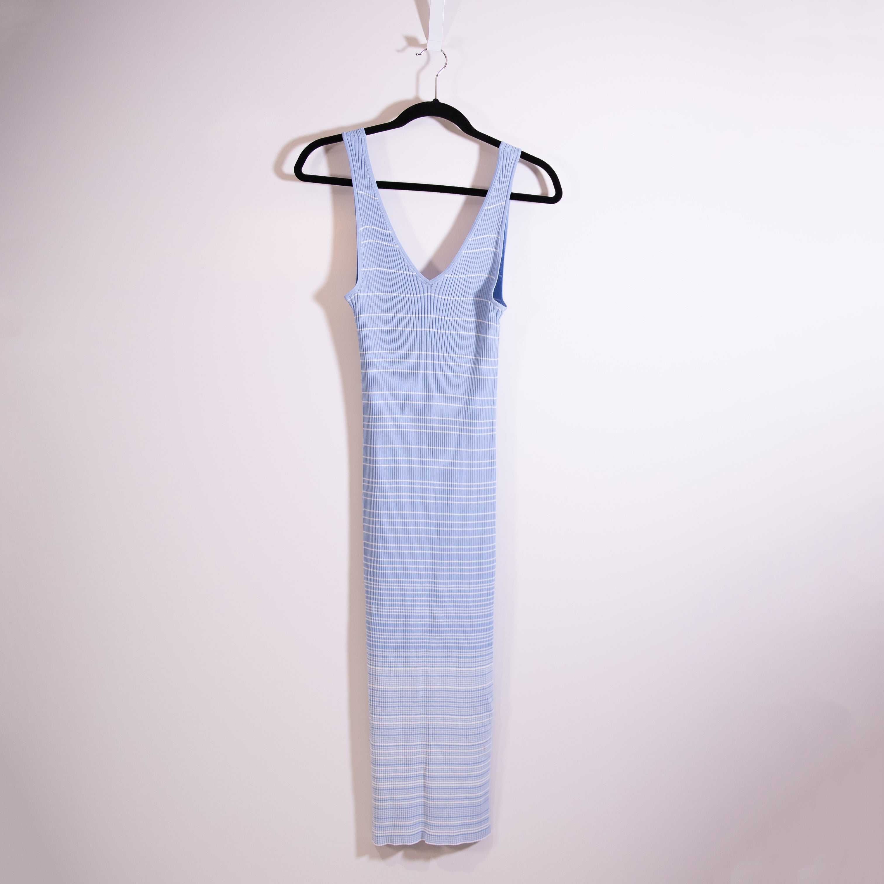Staud Dana Blue White Stripe Sweater Knit Stretch V Neck Bodycon Midi Dress M