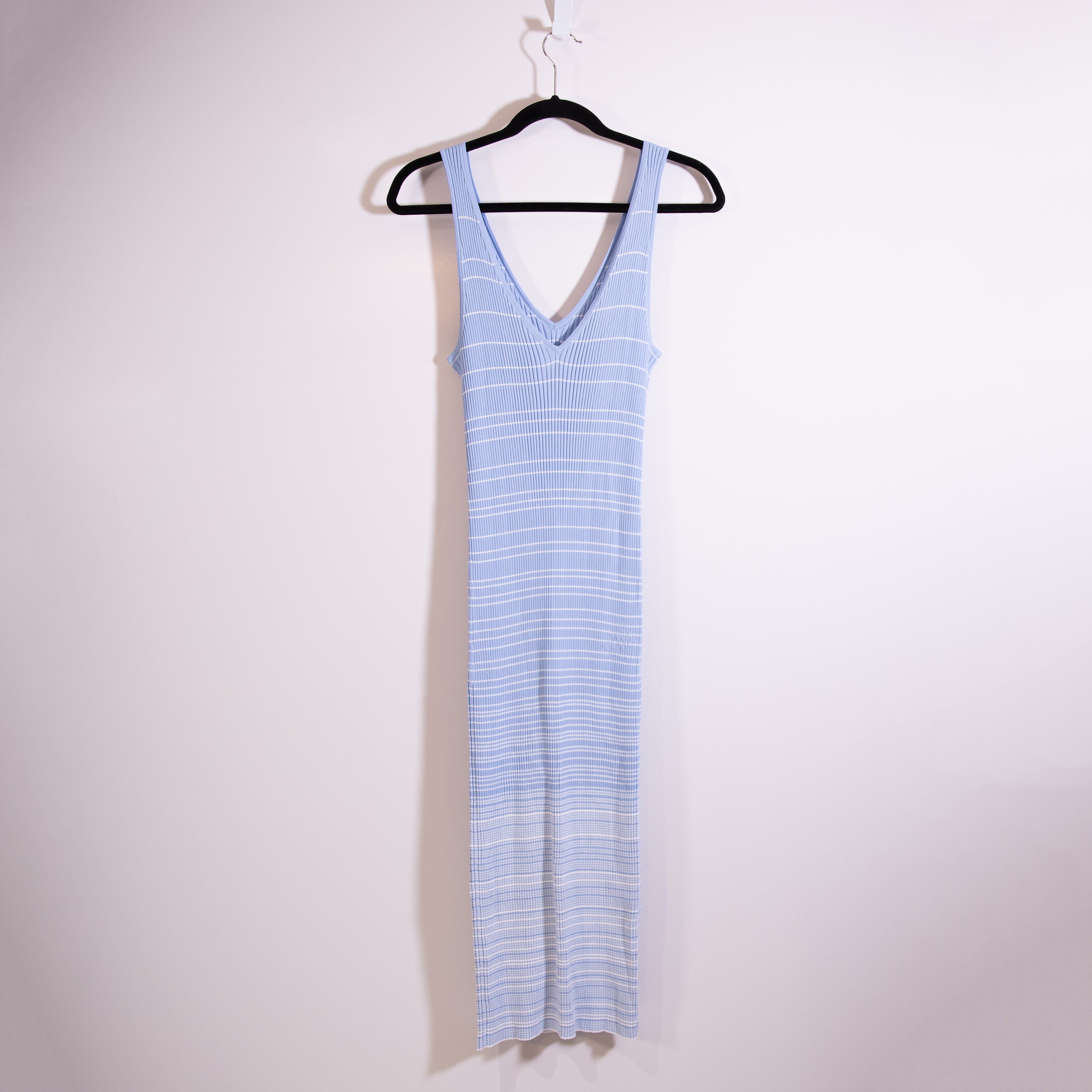 Staud Dana Blue White Stripe Sweater Knit Stretch V Neck Bodycon Midi Dress M